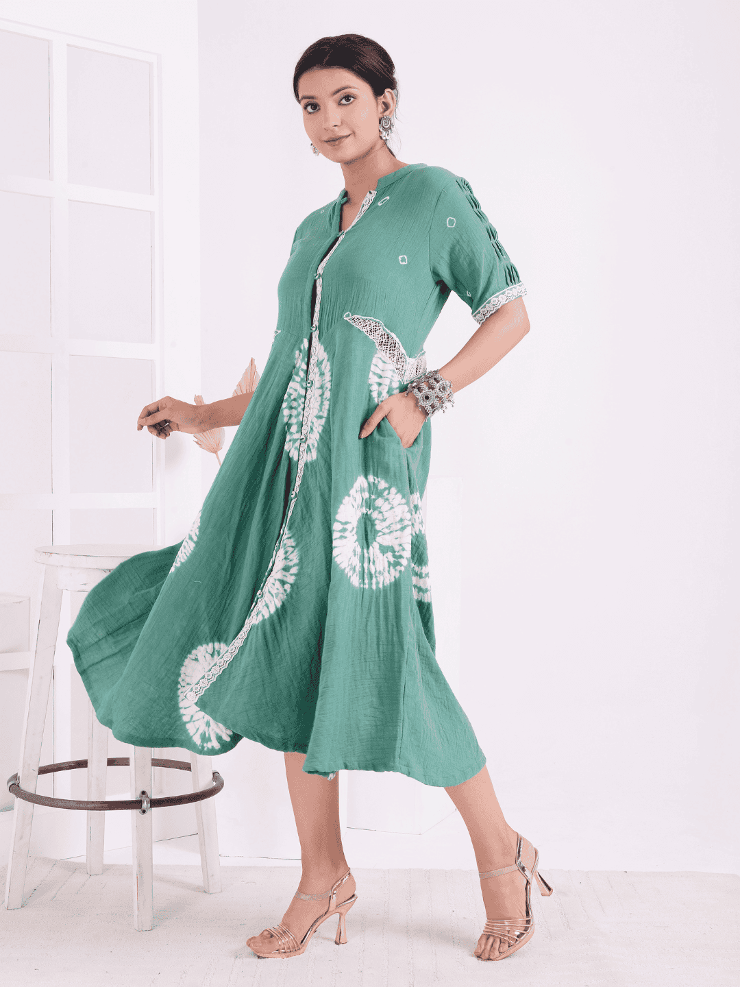 Tie - Dye Women Dress - Green - Charkha TalesTie - Dye Women Dress - Green