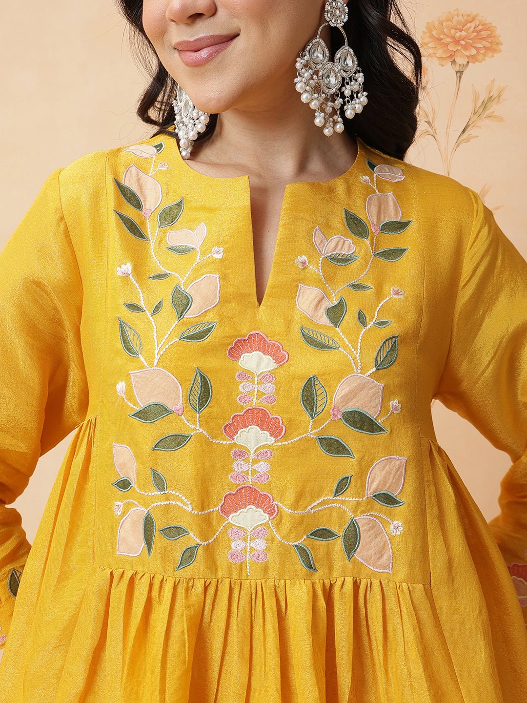 Tissue Embroidered Kurta Set - Yellow - Charkha TalesTissue Embroidered Kurta Set - Yellow