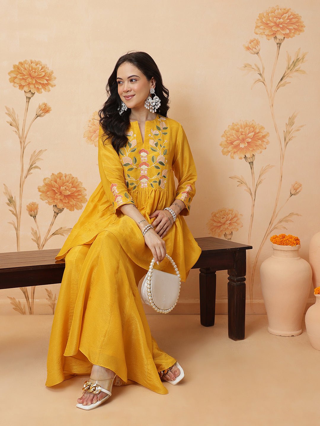 Tissue Embroidered Kurta Set - Yellow - Charkha TalesTissue Embroidered Kurta Set - Yellow