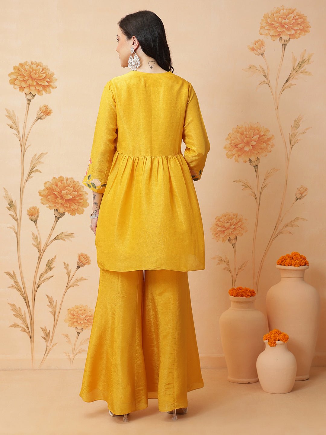 Tissue Embroidered Kurta Set - Yellow - Charkha TalesTissue Embroidered Kurta Set - Yellow