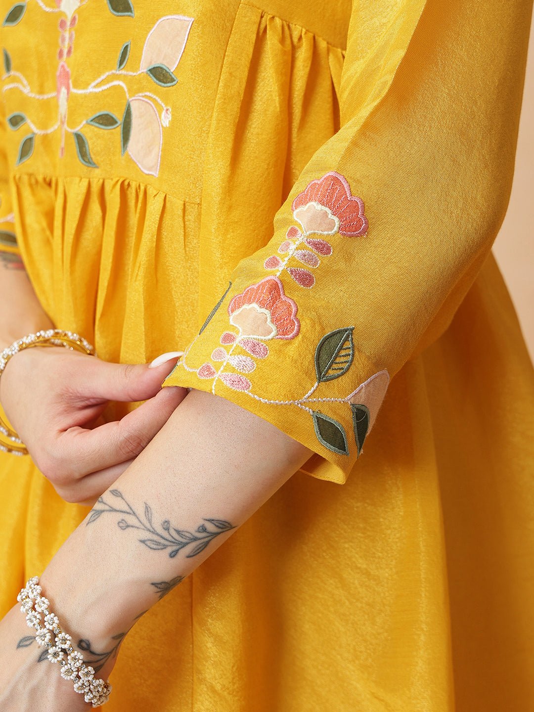 Tissue Embroidered Kurta Set - Yellow - Charkha TalesTissue Embroidered Kurta Set - Yellow