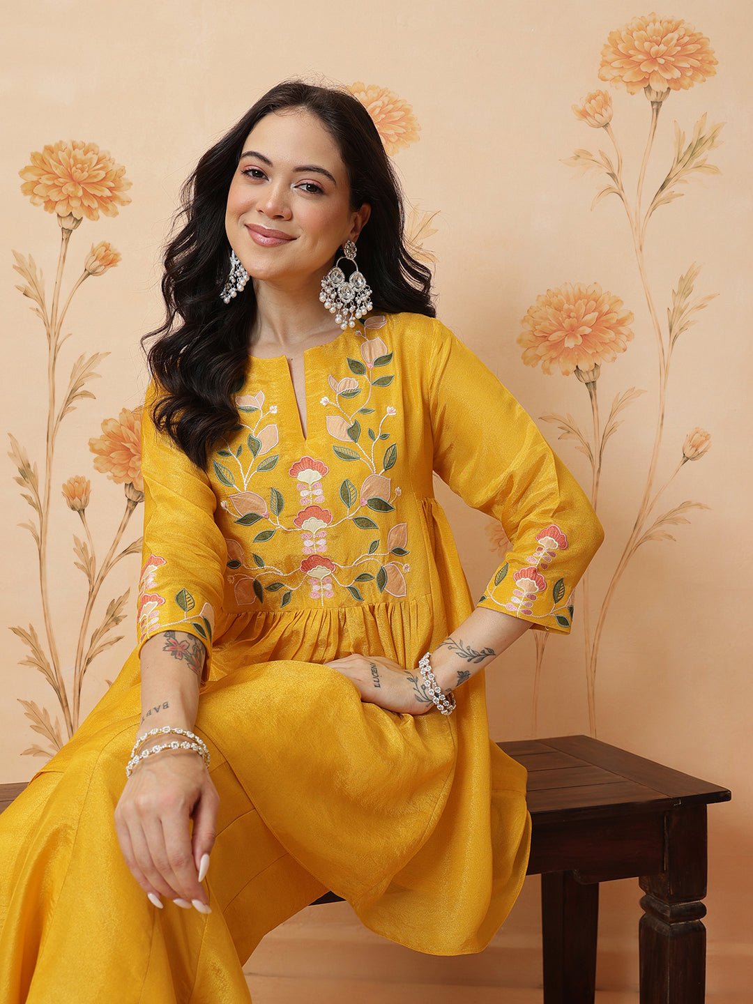 Tissue Embroidered Kurta Set - Yellow - Charkha TalesTissue Embroidered Kurta Set - Yellow