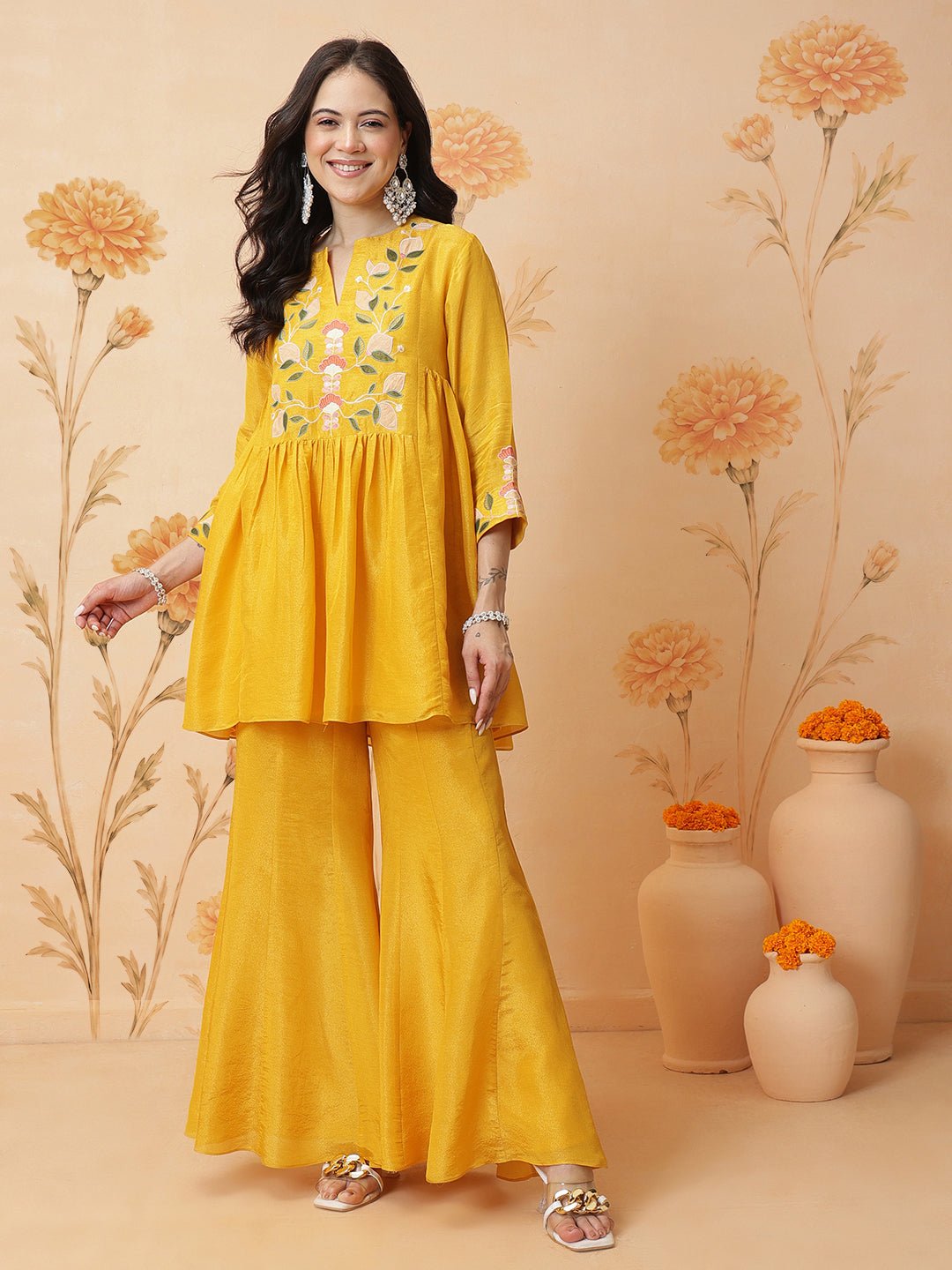 Tissue Embroidered Kurta Set - Yellow - Charkha TalesTissue Embroidered Kurta Set - Yellow