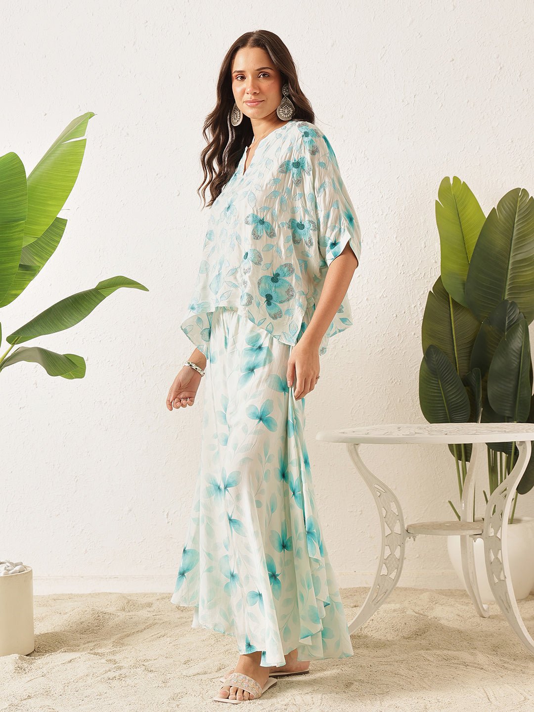 White Digital Print Top With Skirt - Charkha TalesWhite Digital Print Top With Skirt