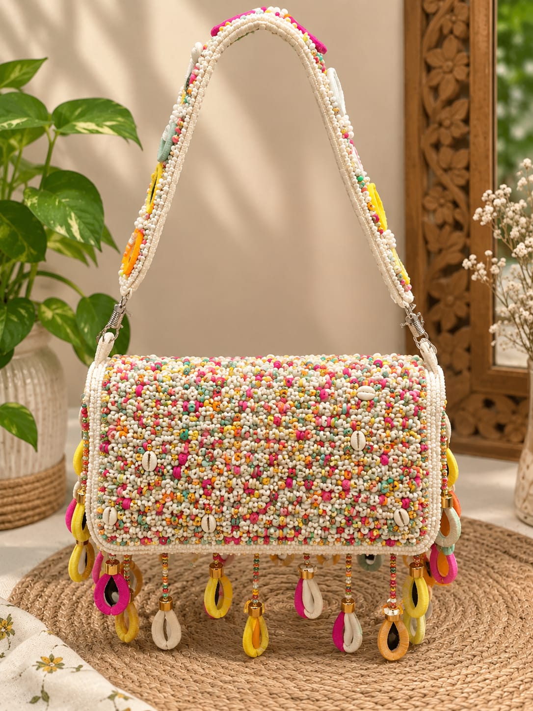 White Mirror Work Hand Bag - Charkha TalesWhite Mirror Work Hand Bag