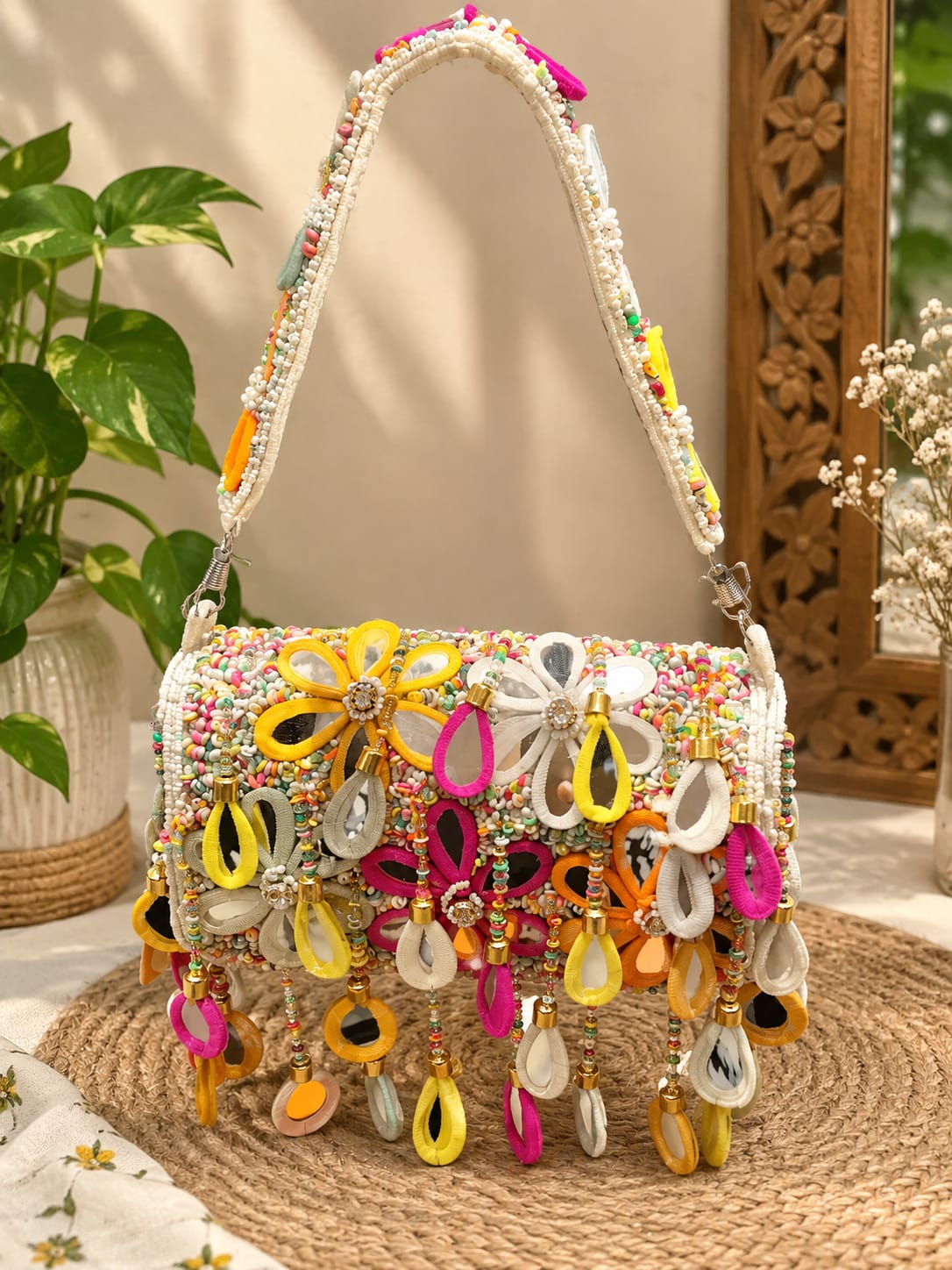 White Mirror Work Hand Bag - Charkha TalesWhite Mirror Work Hand Bag
