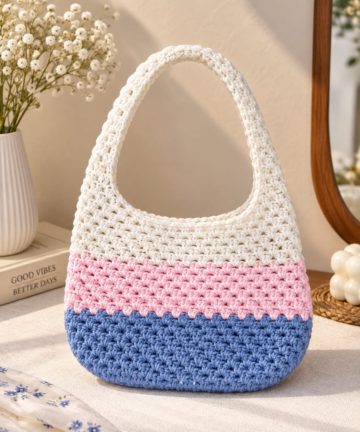 White & Pink Hand Crochet Bag - Charkha TalesWhite & Pink Hand Crochet Bag