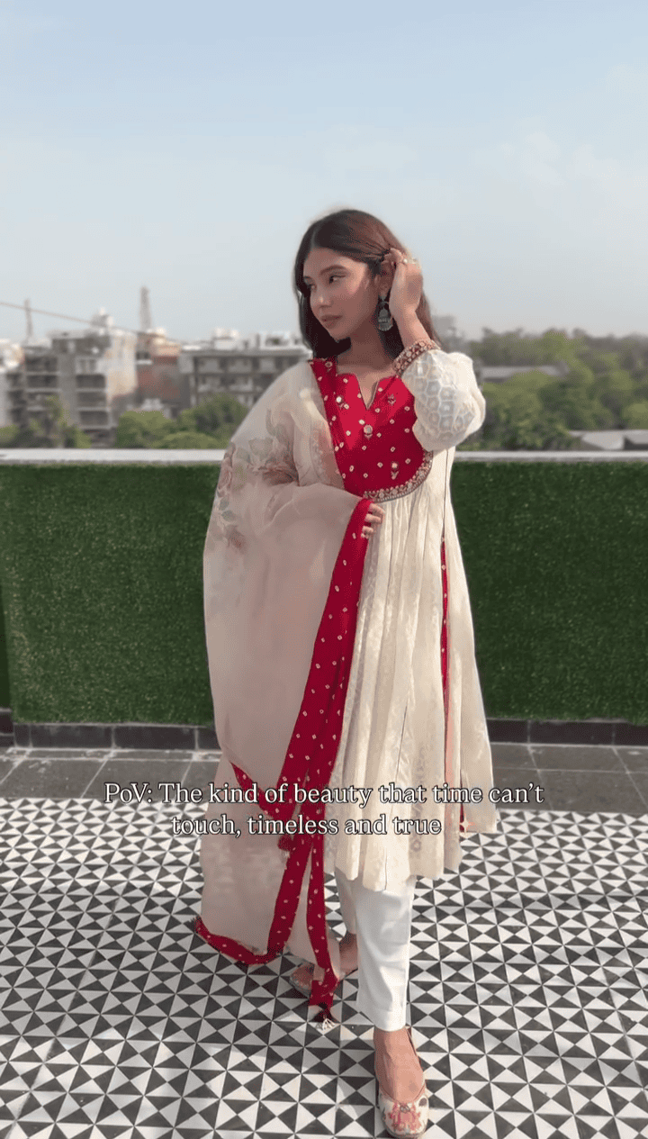 Women Anarkali Kurta Set - Off - White - Charkha TalesWomen Anarkali Kurta Set - Off - White