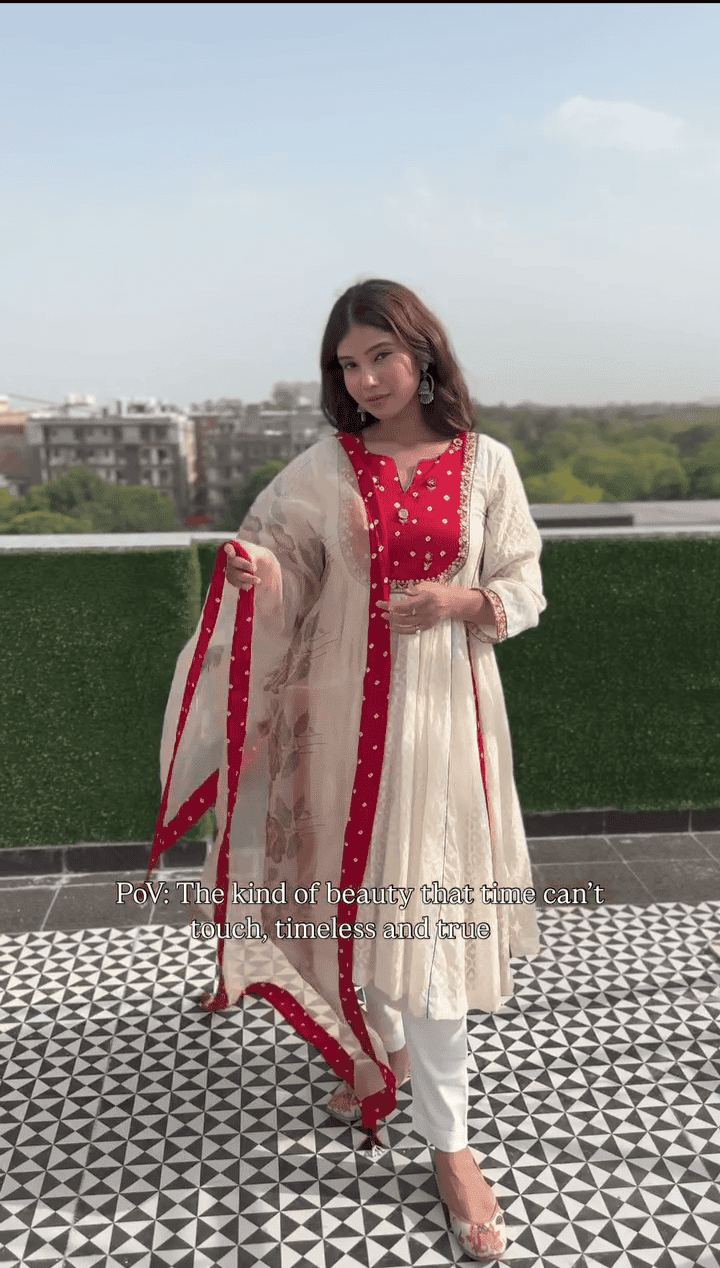 Women Anarkali Kurta Set - Off - White - Charkha TalesWomen Anarkali Kurta Set - Off - White