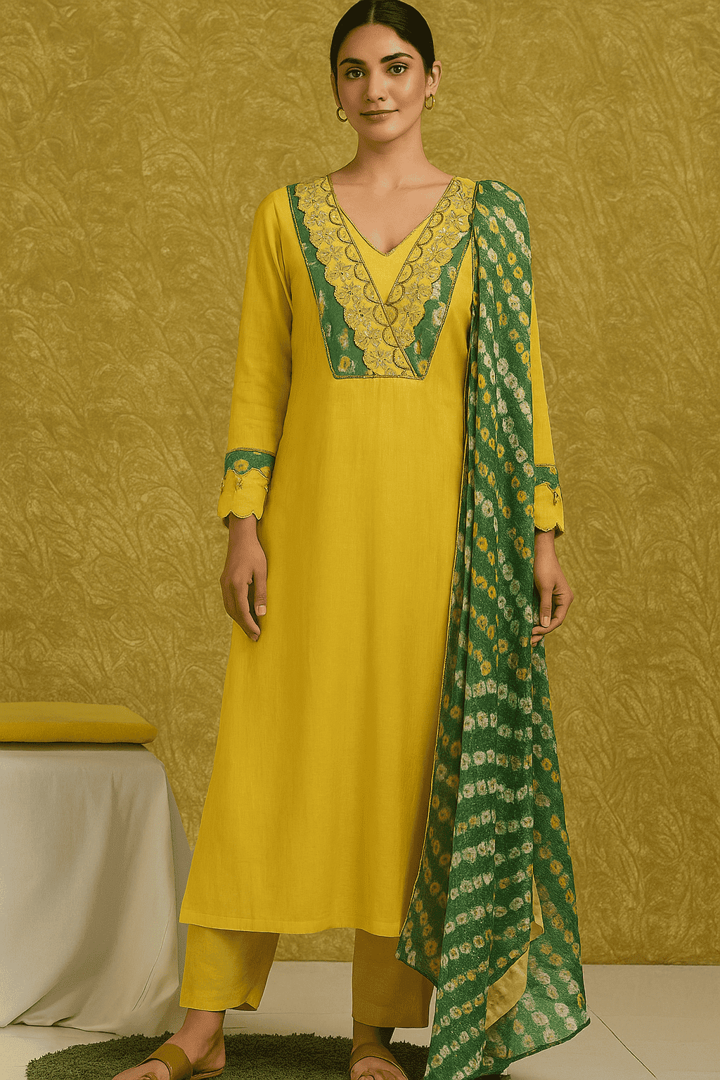 Women Chanderi Kurta Set - Yellow - Charkha TalesWomen Chanderi Kurta Set - Yellow