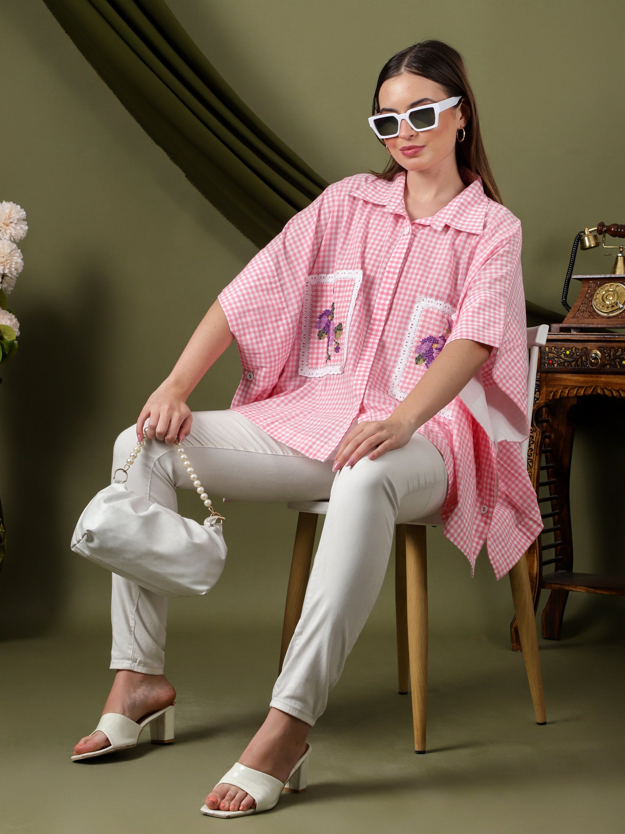 Women Checks Embroidered Top - Pink - Charkha TalesWomen Checks Embroidered Top - Pink