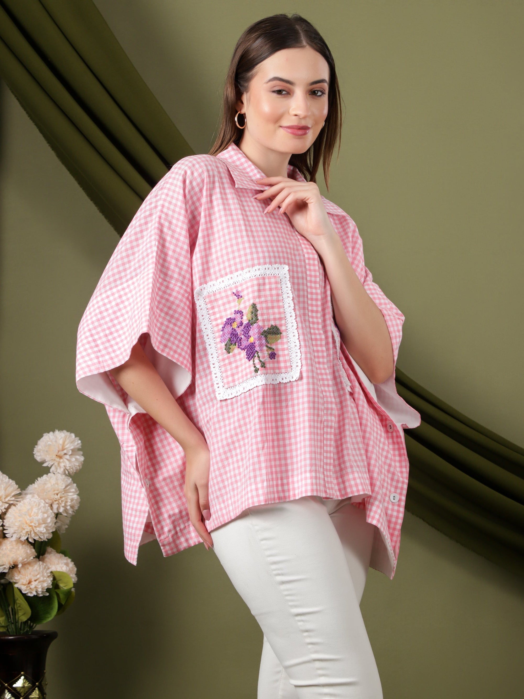 Women Checks Embroidered Top - Pink - Charkha TalesWomen Checks Embroidered Top - Pink