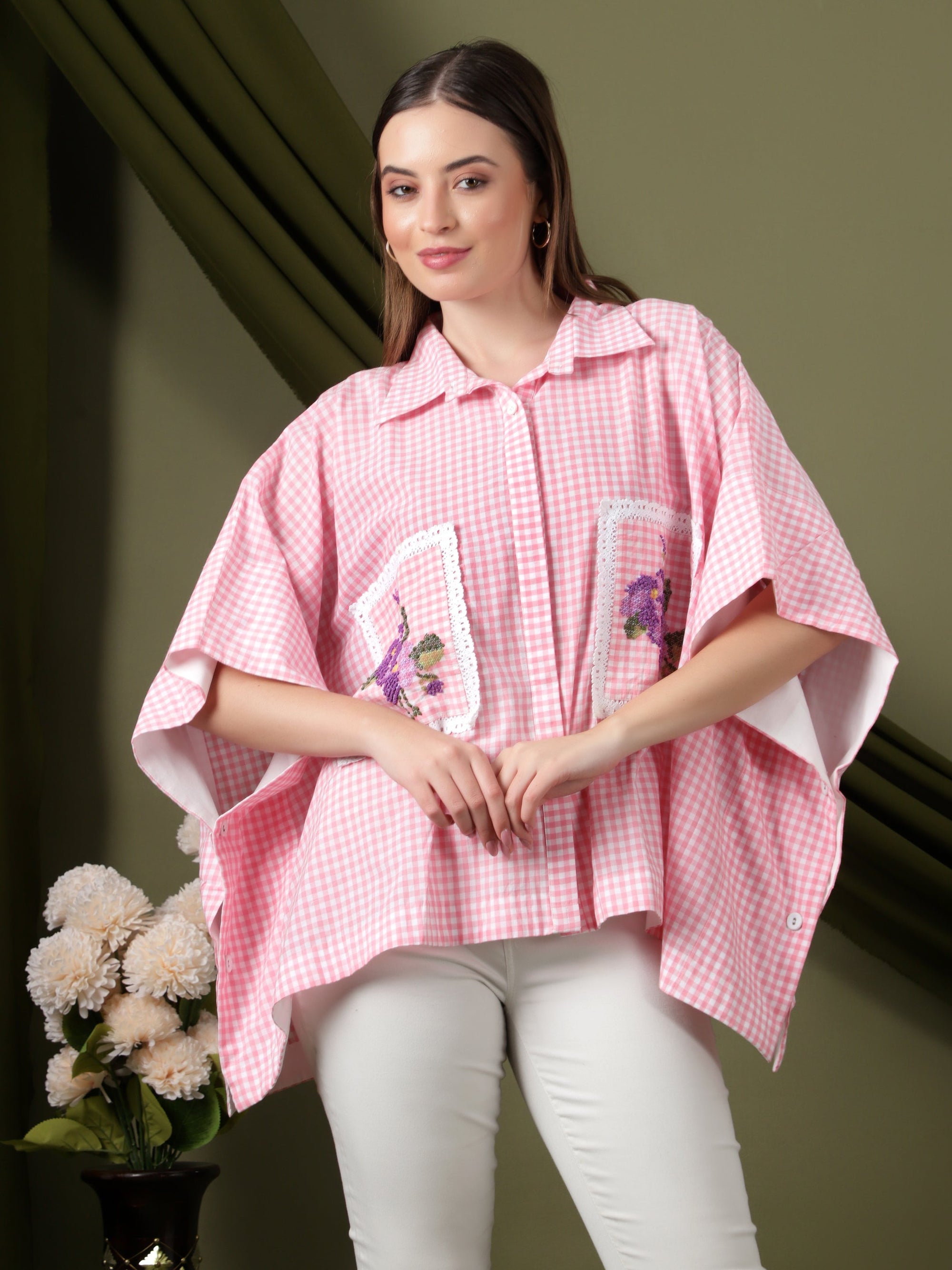 Women Checks Embroidered Top - Pink - Charkha TalesWomen Checks Embroidered Top - Pink