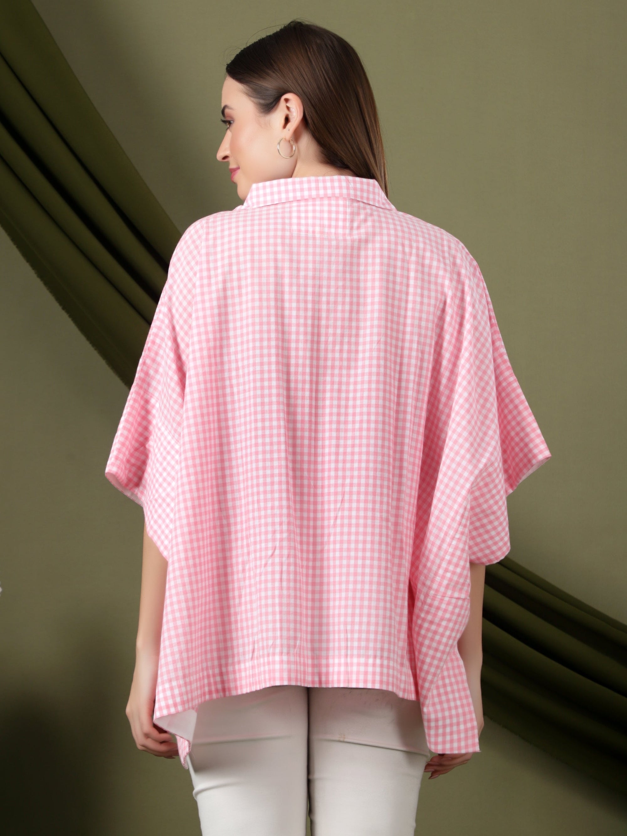 Women Checks Embroidered Top - Pink - Charkha TalesWomen Checks Embroidered Top - Pink