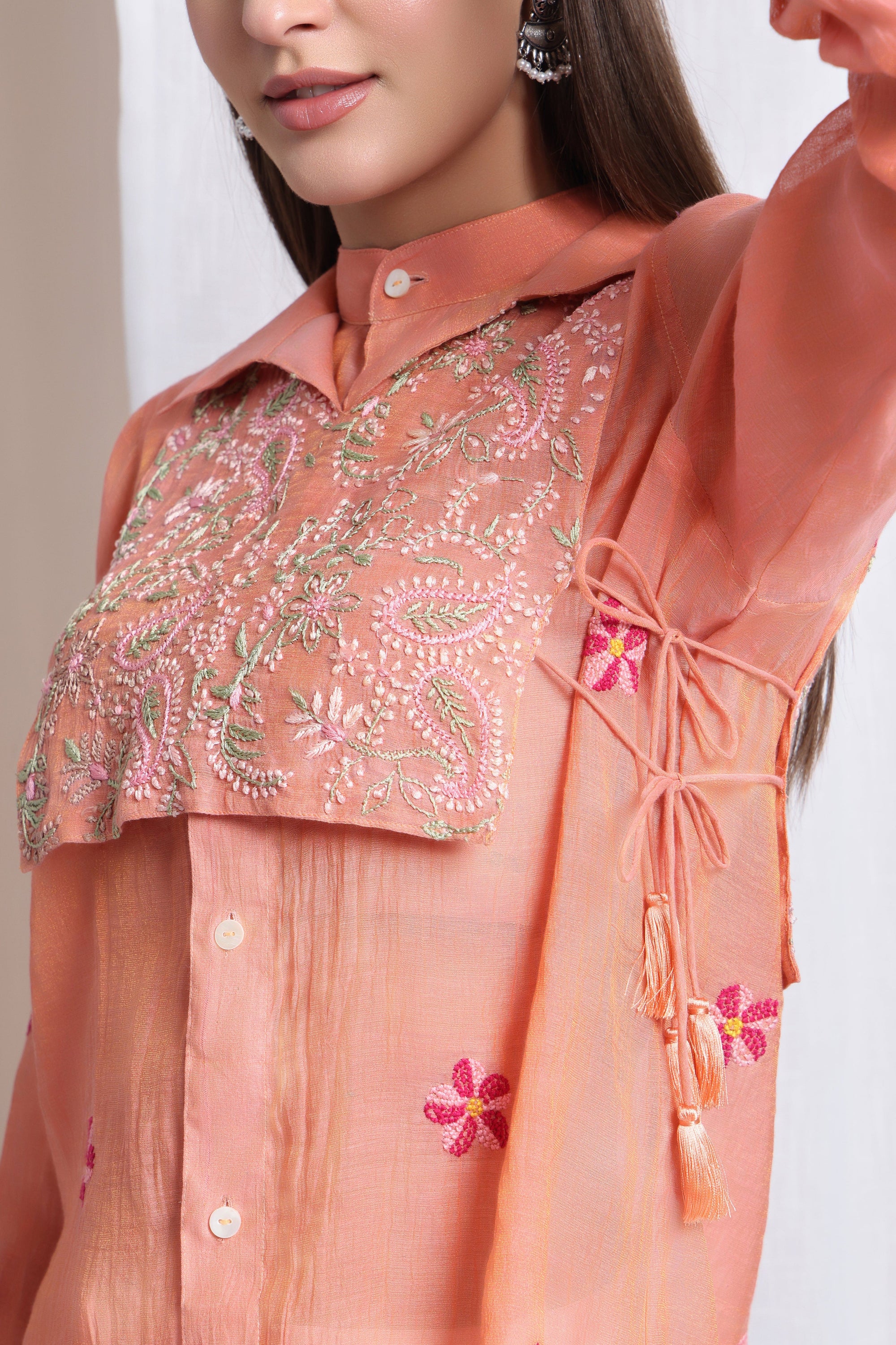 Women Chikankari Shirt - Peach - Charkha TalesWomen Chikankari Shirt - Peach