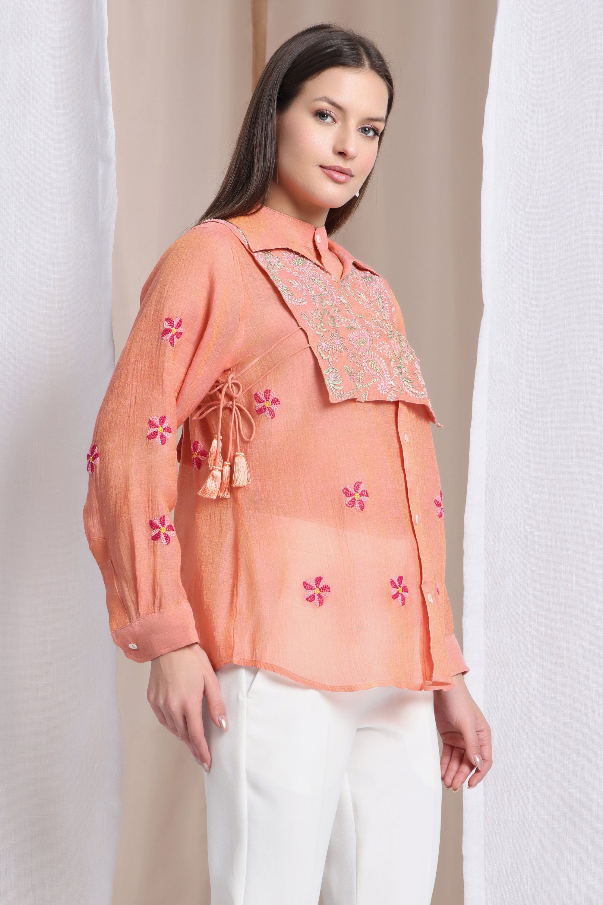 Women Chikankari Shirt - Peach - Charkha TalesWomen Chikankari Shirt - Peach