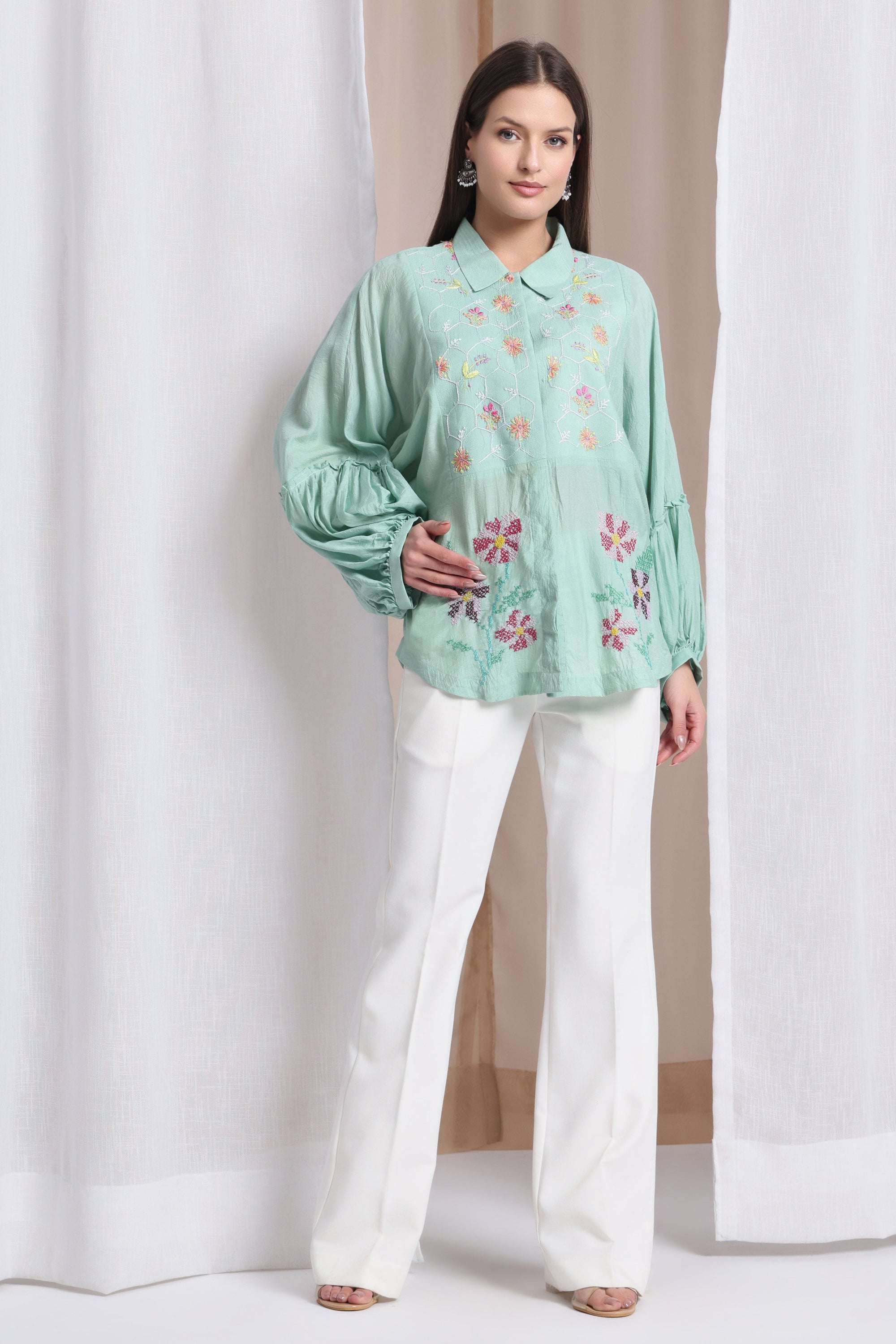 Women Chikankari Top - Aqua Green - Charkha TalesWomen Chikankari Top - Aqua Green