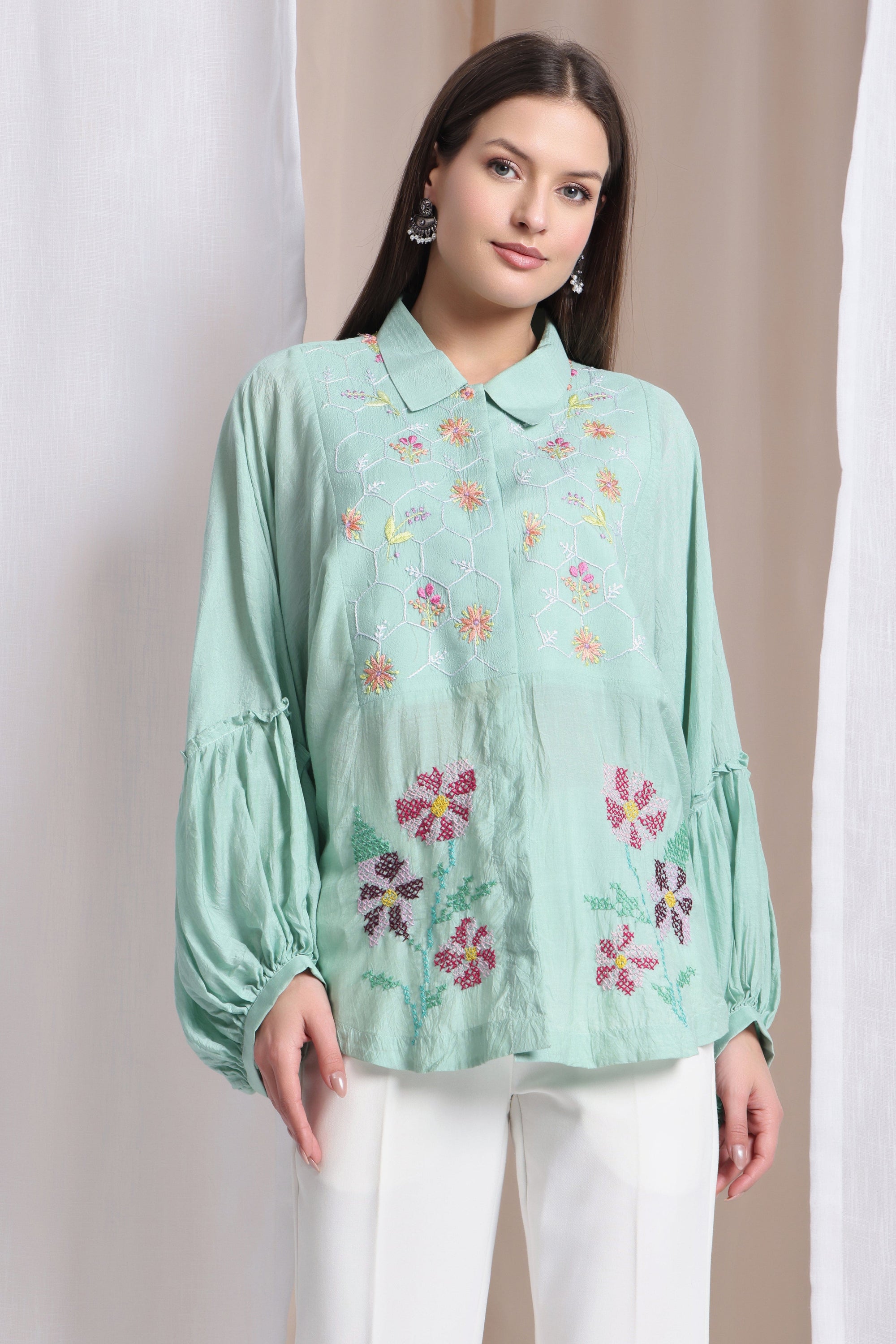 Women Chikankari Top - Aqua Green - Charkha TalesWomen Chikankari Top - Aqua Green