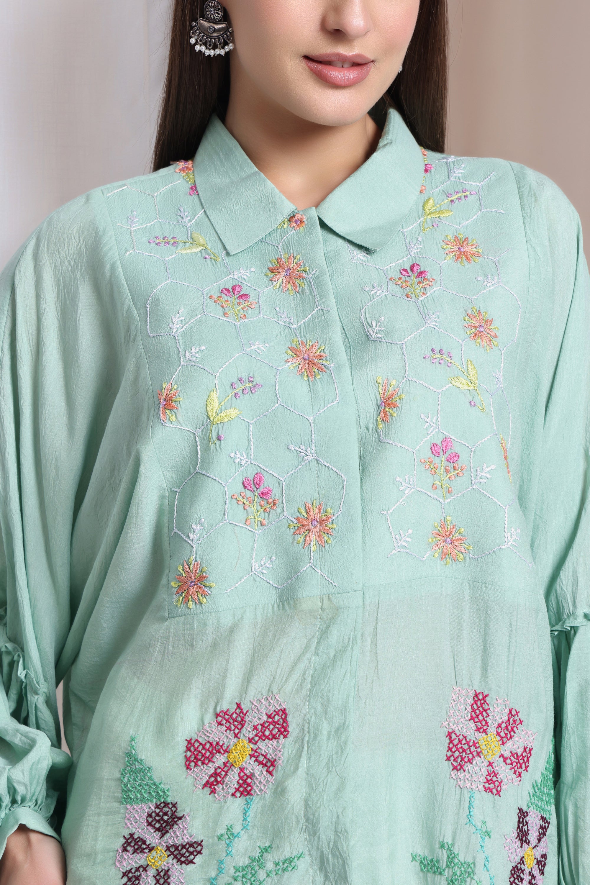 Women Chikankari Top - Aqua Green - Charkha TalesWomen Chikankari Top - Aqua Green