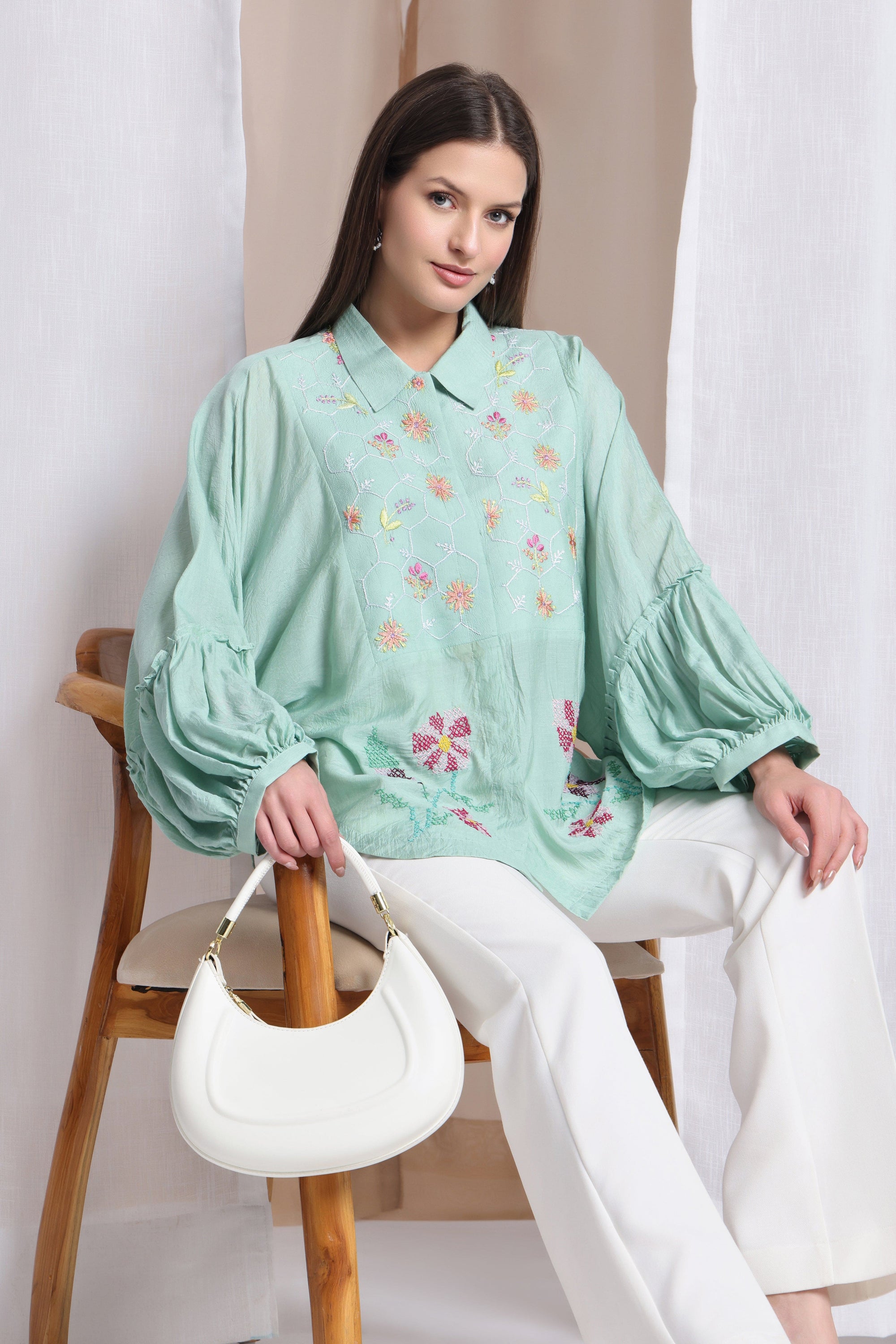 Women Chikankari Top - Aqua Green - Charkha TalesWomen Chikankari Top - Aqua Green