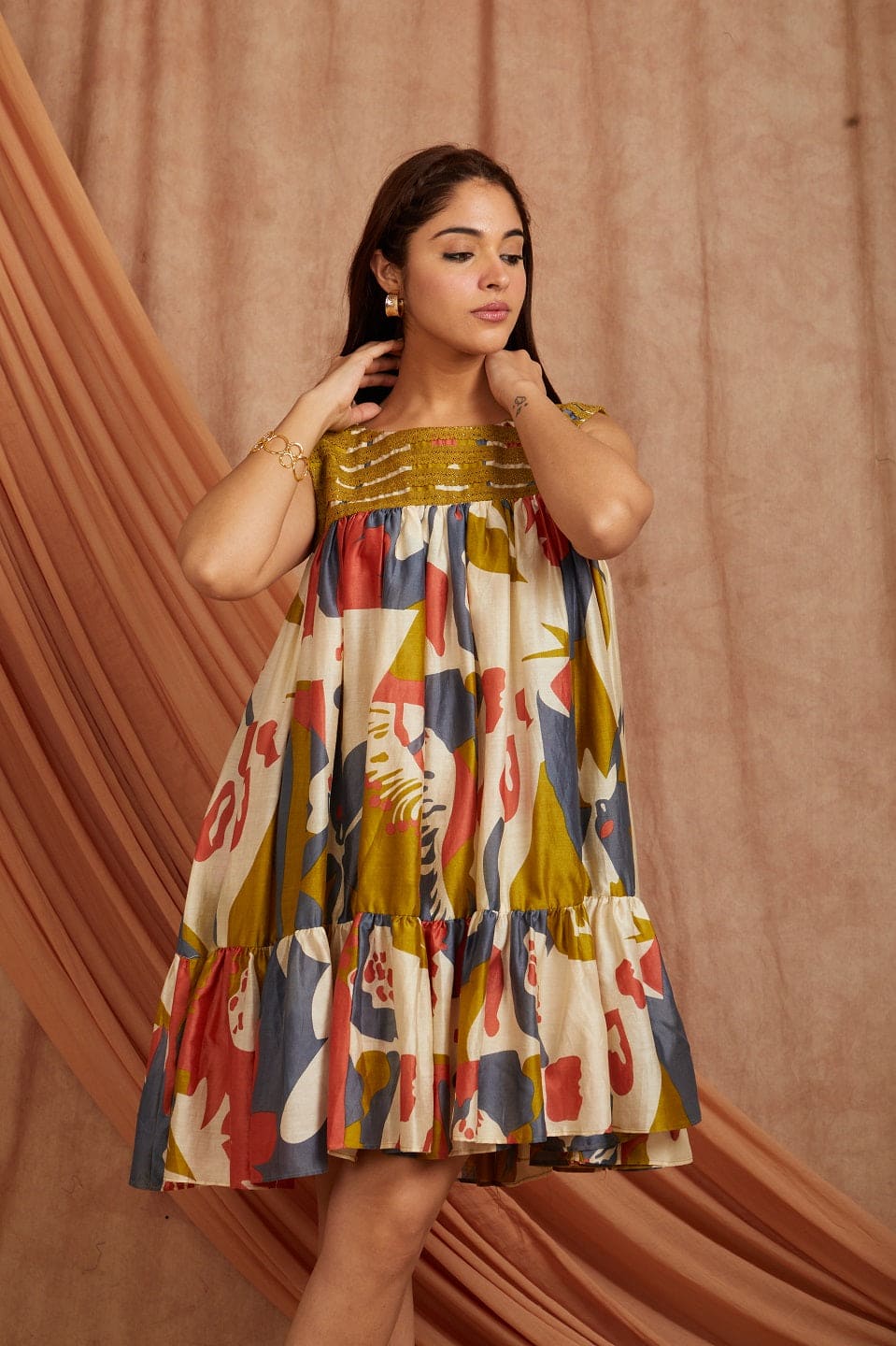 Women Digital Print Dress - Olive green - Charkha TalesWomen Digital Print Dress - Olive green