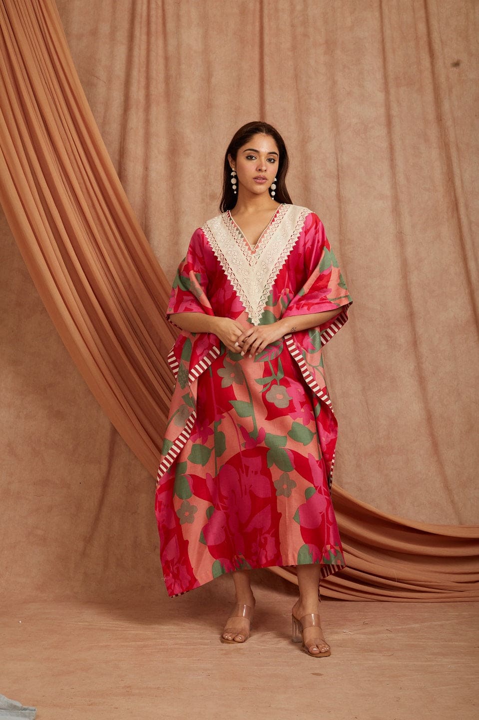 Women Digital Printed Kaftaan - Red - Charkha TalesWomen Digital Printed Kaftaan - Red