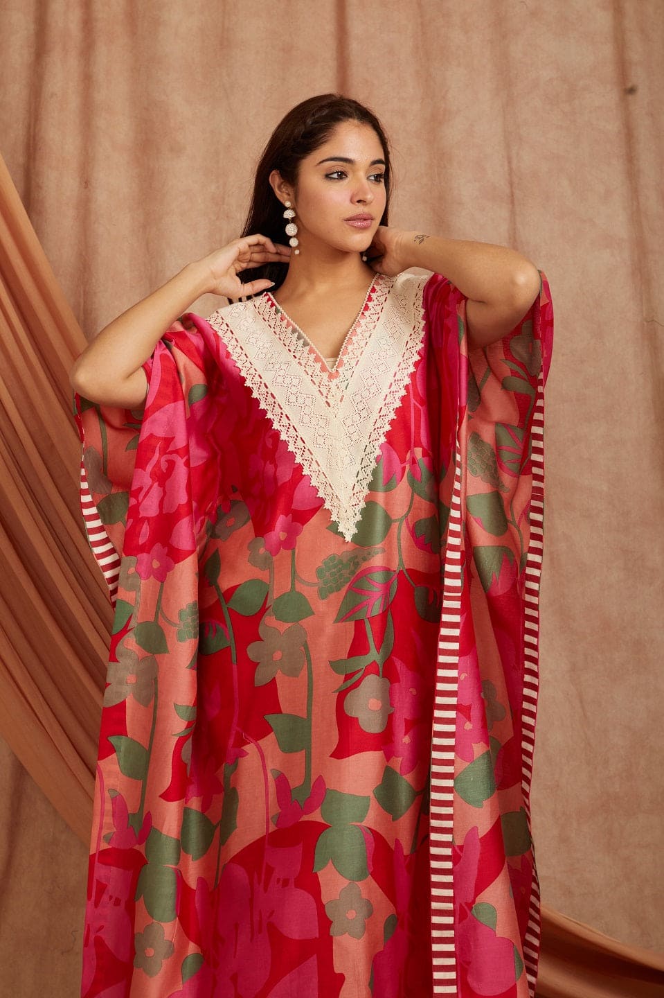 Women Digital Printed Kaftaan - Red - Charkha TalesWomen Digital Printed Kaftaan - Red