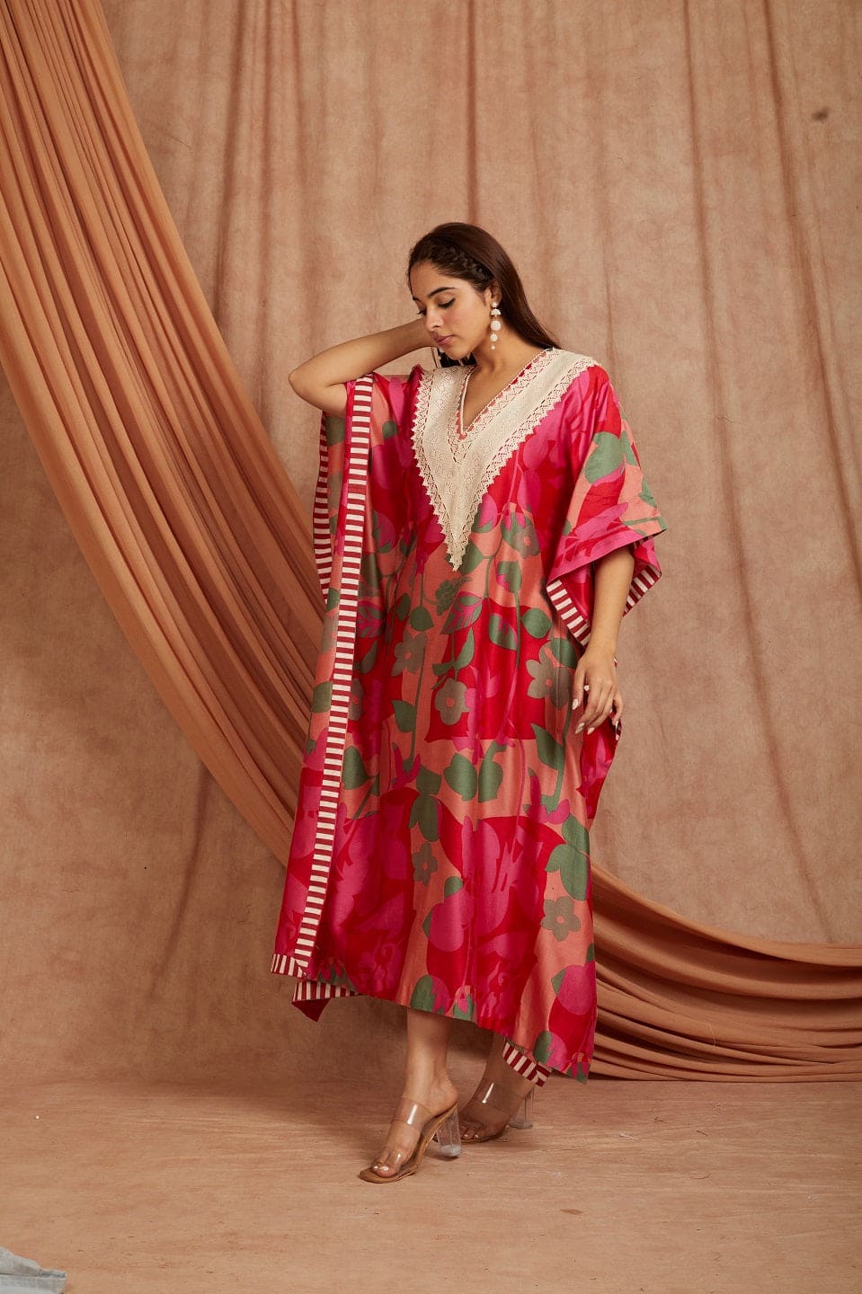 Women Digital Printed Kaftaan - Red - Charkha TalesWomen Digital Printed Kaftaan - Red