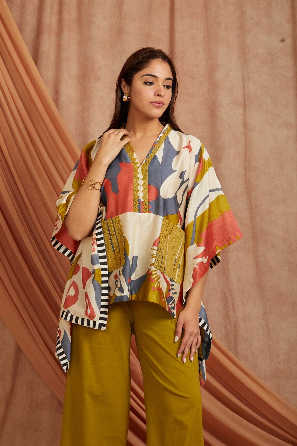 Women Digital Printed Short Kurta Set - Olive green - Charkha TalesWomen Digital Printed Short Kurta Set - Olive green