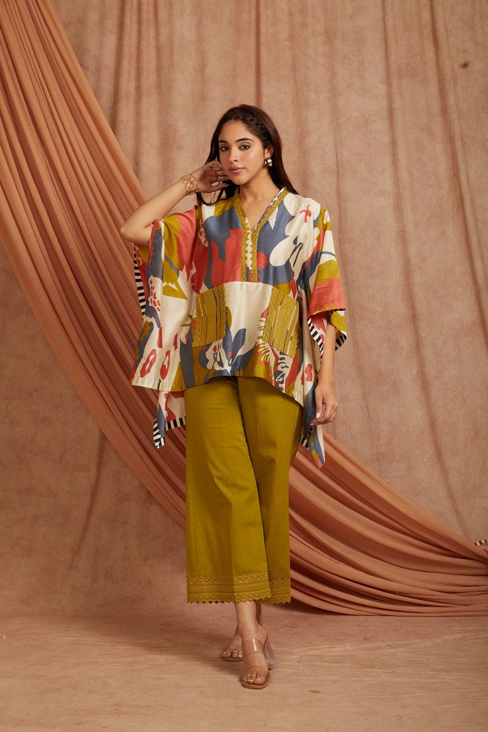 Women Digital Printed Short Kurta Set - Olive green - Charkha TalesWomen Digital Printed Short Kurta Set - Olive green