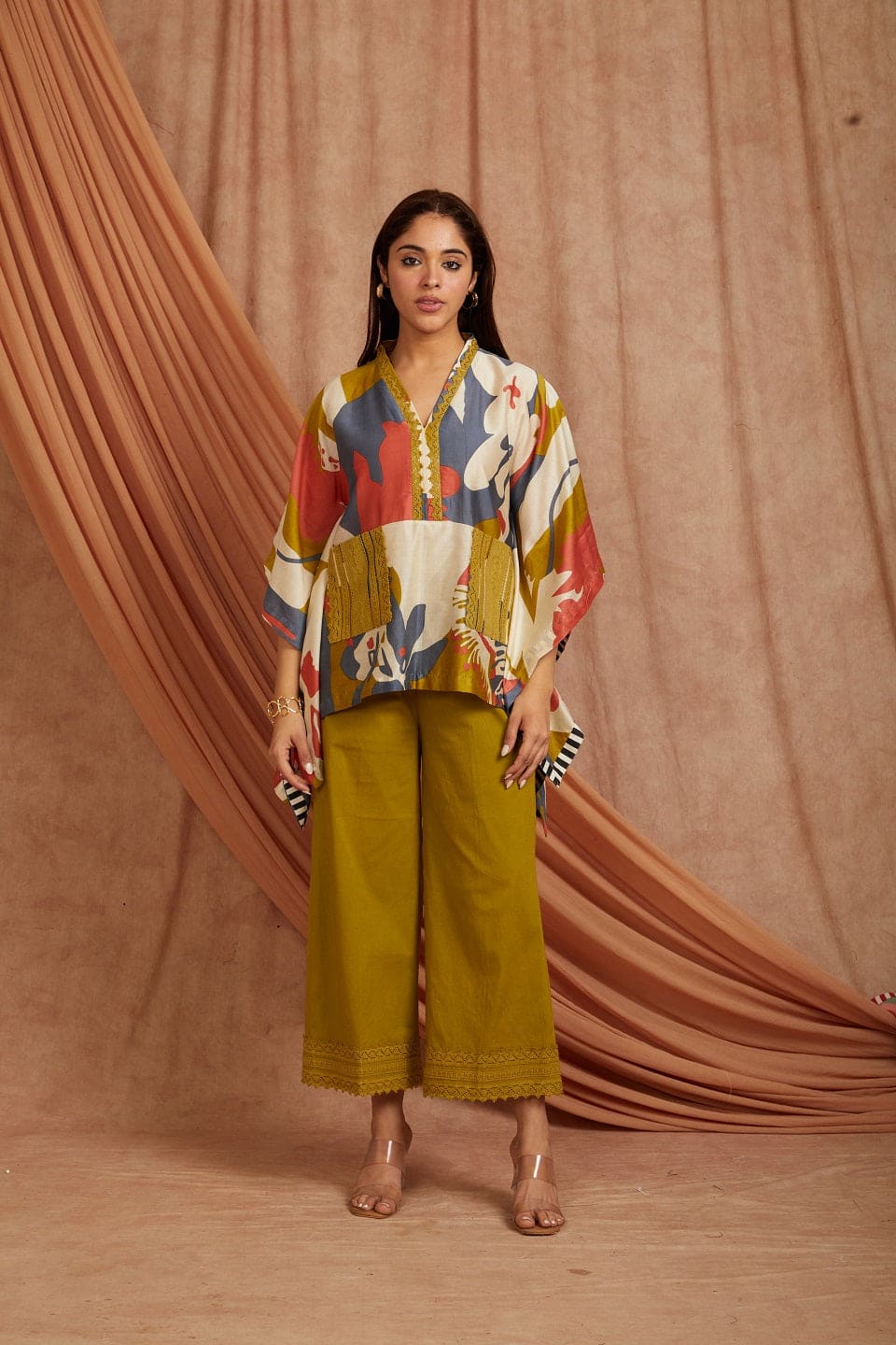 Women Digital Printed Short Kurta Set - Olive green - Charkha TalesWomen Digital Printed Short Kurta Set - Olive green