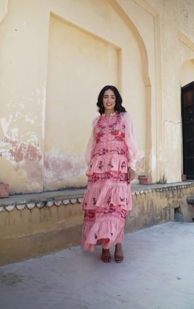 Women Digital Printed Top With Skirt - Pink - Charkha TalesWomen Digital Printed Top With Skirt - Pink