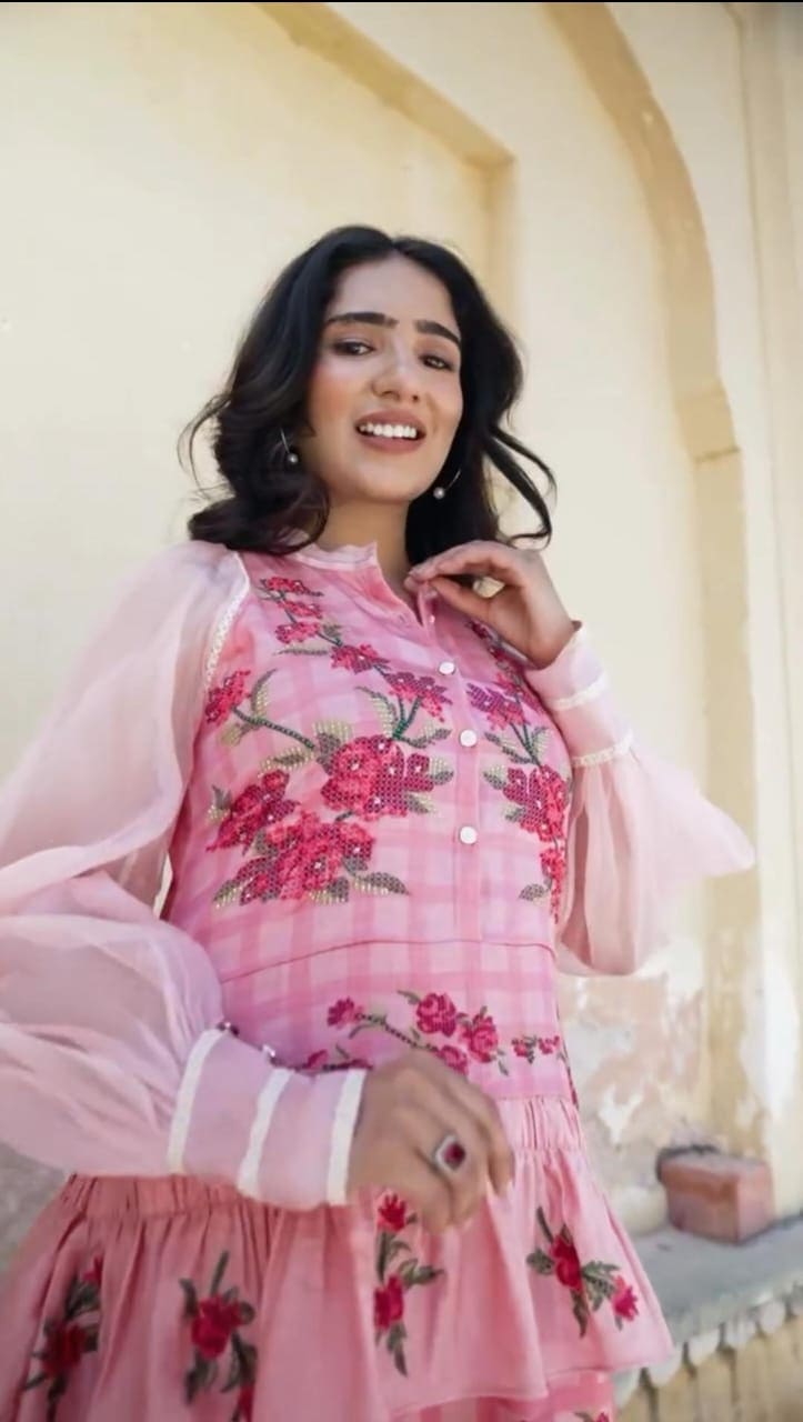 Women Digital Printed Top With Skirt - Pink - Charkha TalesWomen Digital Printed Top With Skirt - Pink