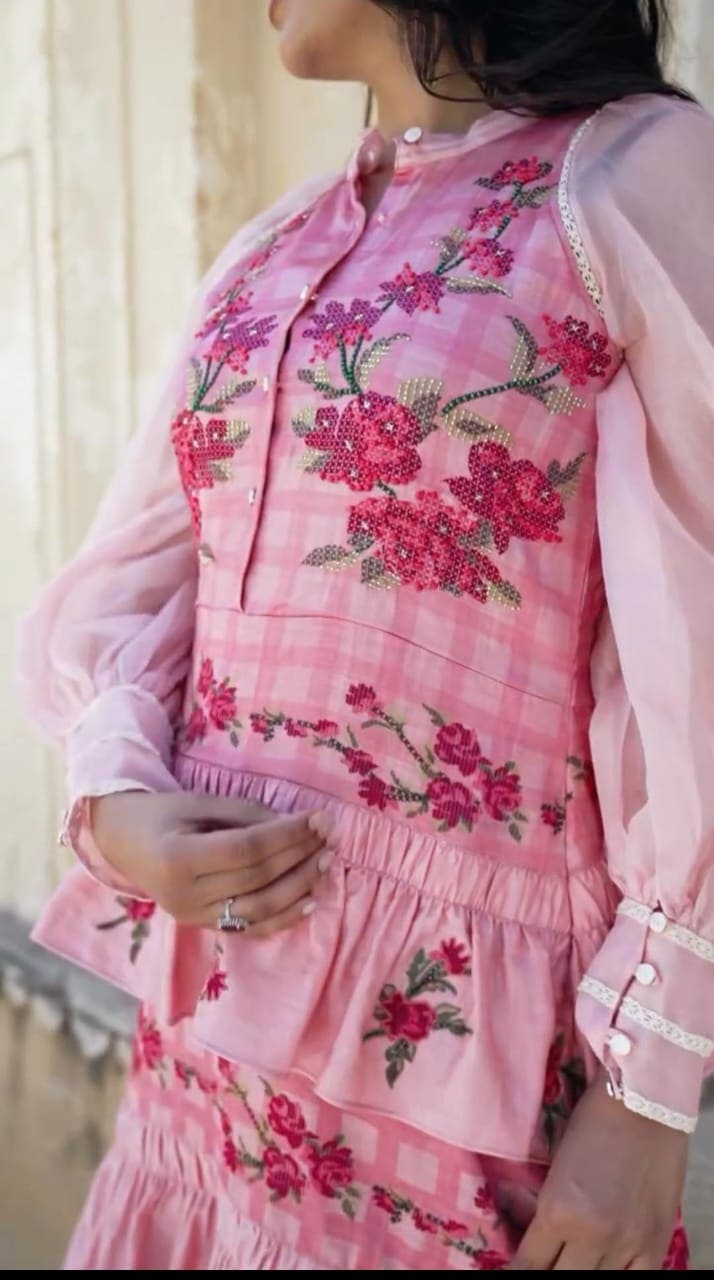 Women Digital Printed Top With Skirt - Pink - Charkha TalesWomen Digital Printed Top With Skirt - Pink