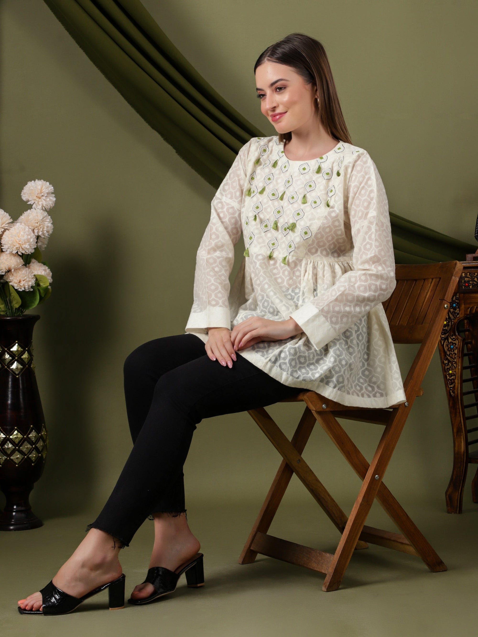 Women Embroidered Top - Off - White - Charkha TalesWomen Embroidered Top - Off - White