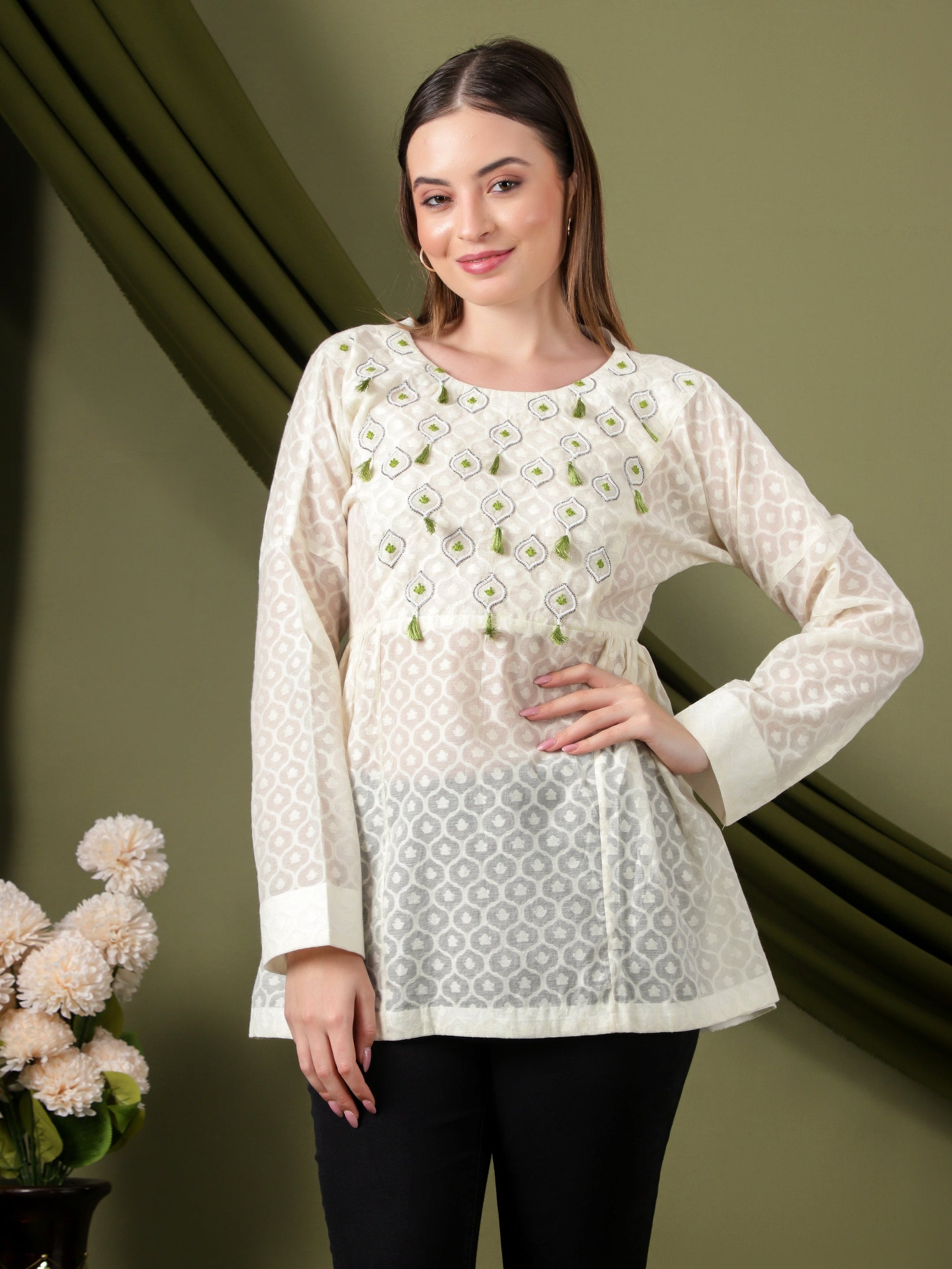 Women Embroidered Top - Off - White - Charkha TalesWomen Embroidered Top - Off - White