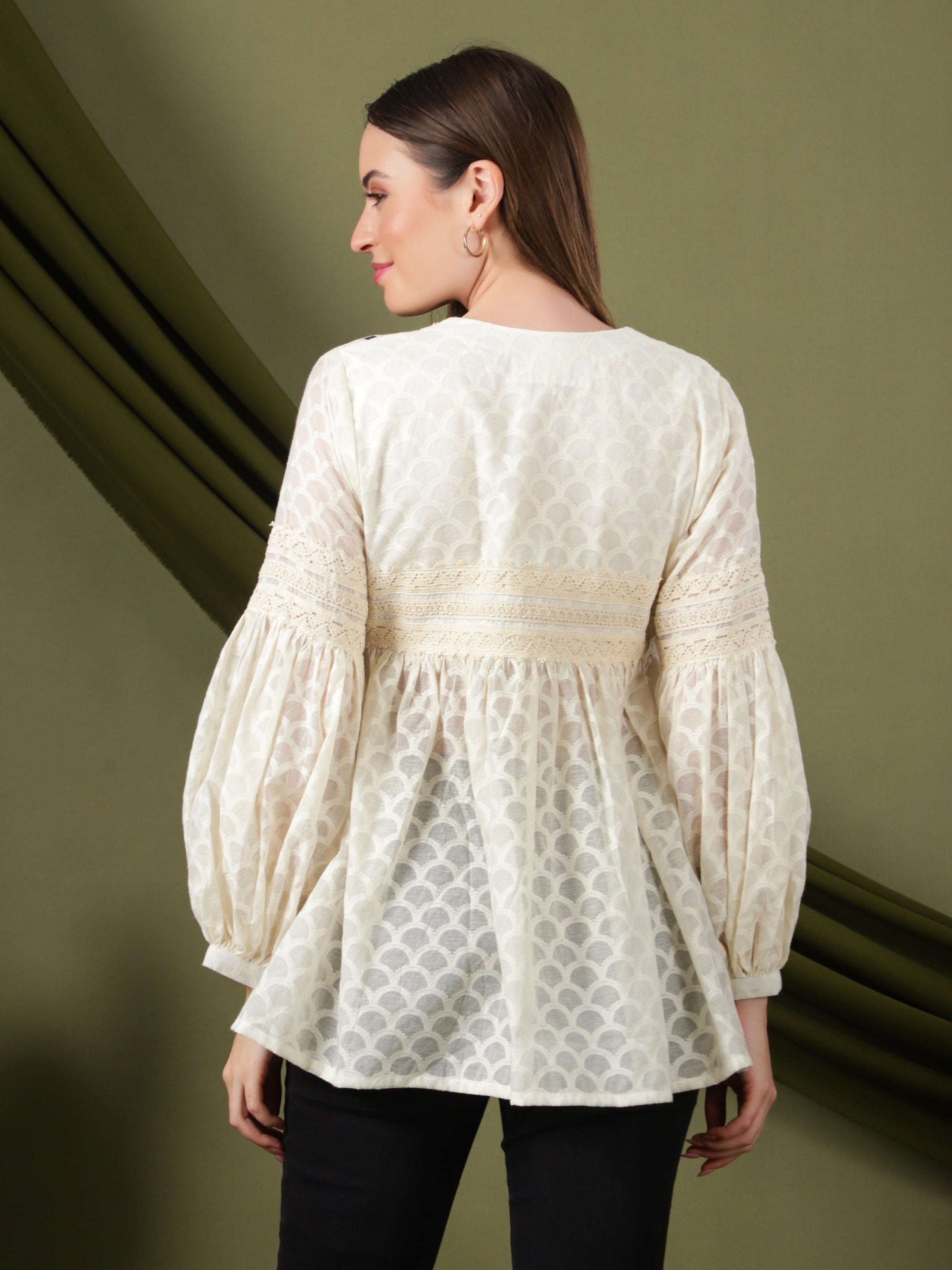 Women Gathered Top - Off - White - Charkha TalesWomen Gathered Top - Off - White
