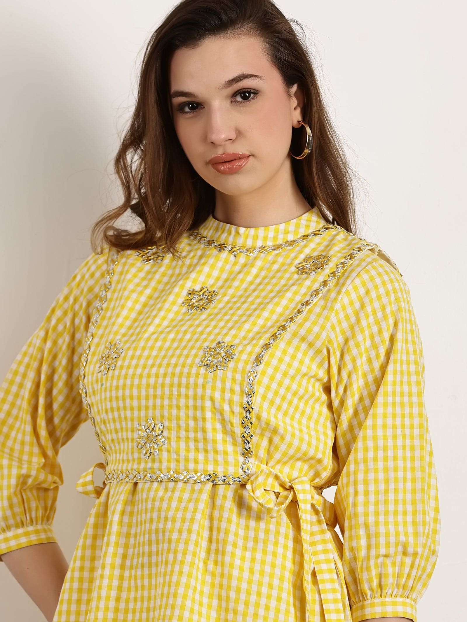 Women Gotta Checks Top Set - Yellow - Charkha TalesWomen Gotta Checks Top Set - Yellow