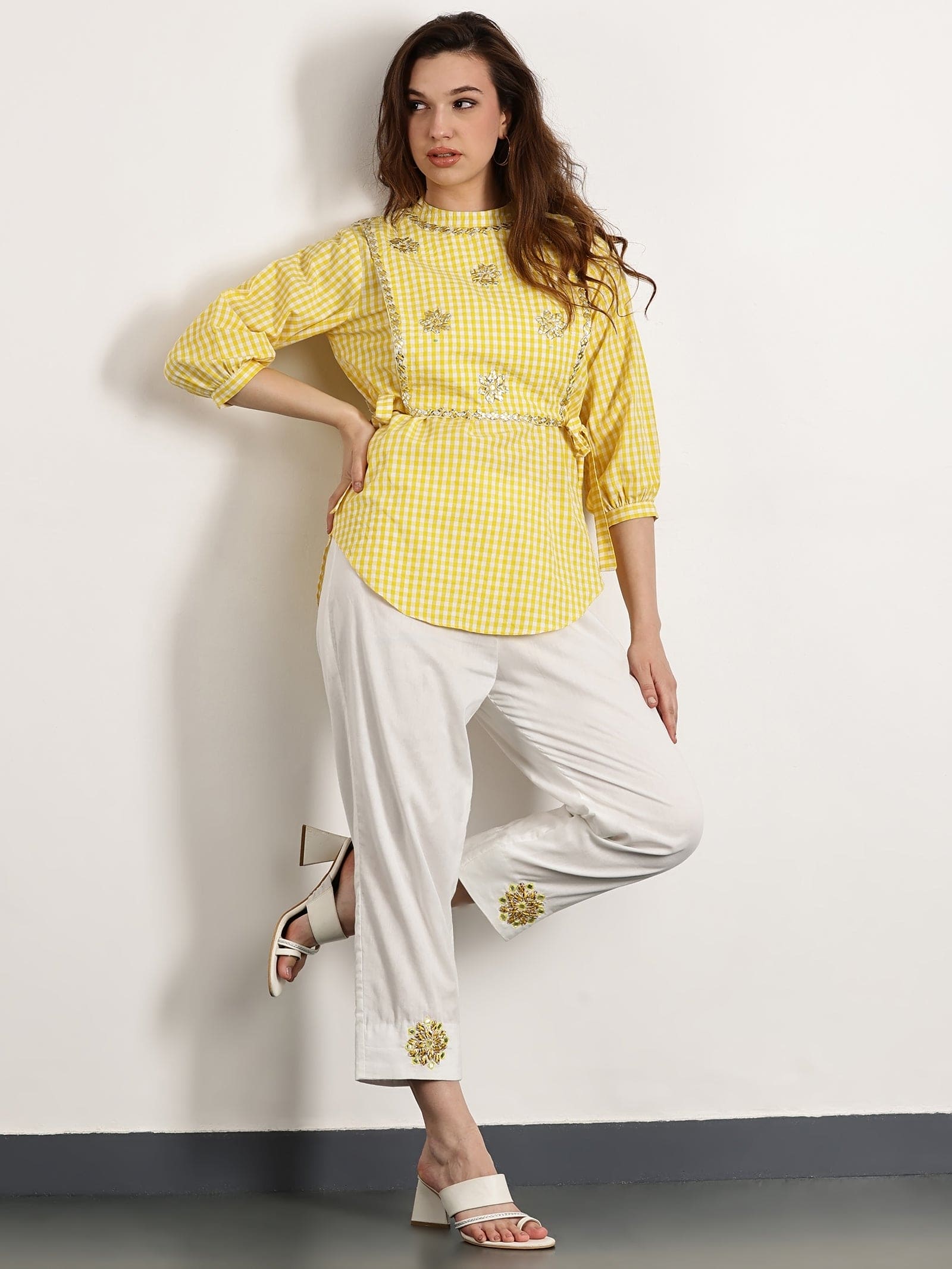 Women Gotta Checks Top Set - Yellow - Charkha TalesWomen Gotta Checks Top Set - Yellow