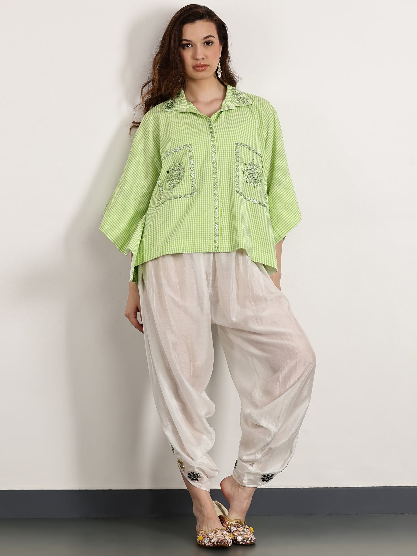 Women Gotta Patti Checks Top Set - Leafy Green - Charkha TalesWomen Gotta Patti Checks Top Set - Leafy Green