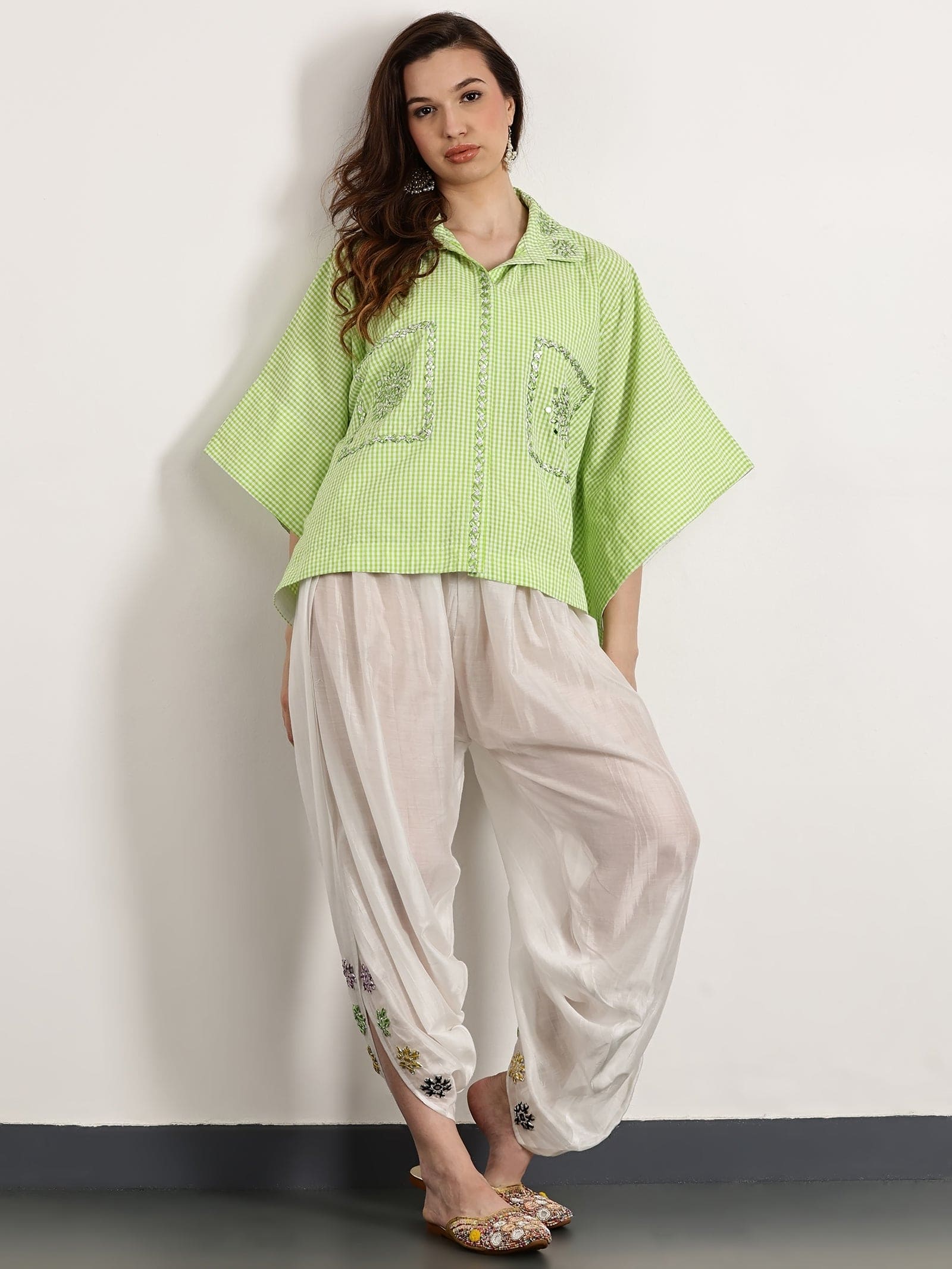 Women Gotta Patti Checks Top Set - Leafy Green - Charkha TalesWomen Gotta Patti Checks Top Set - Leafy Green