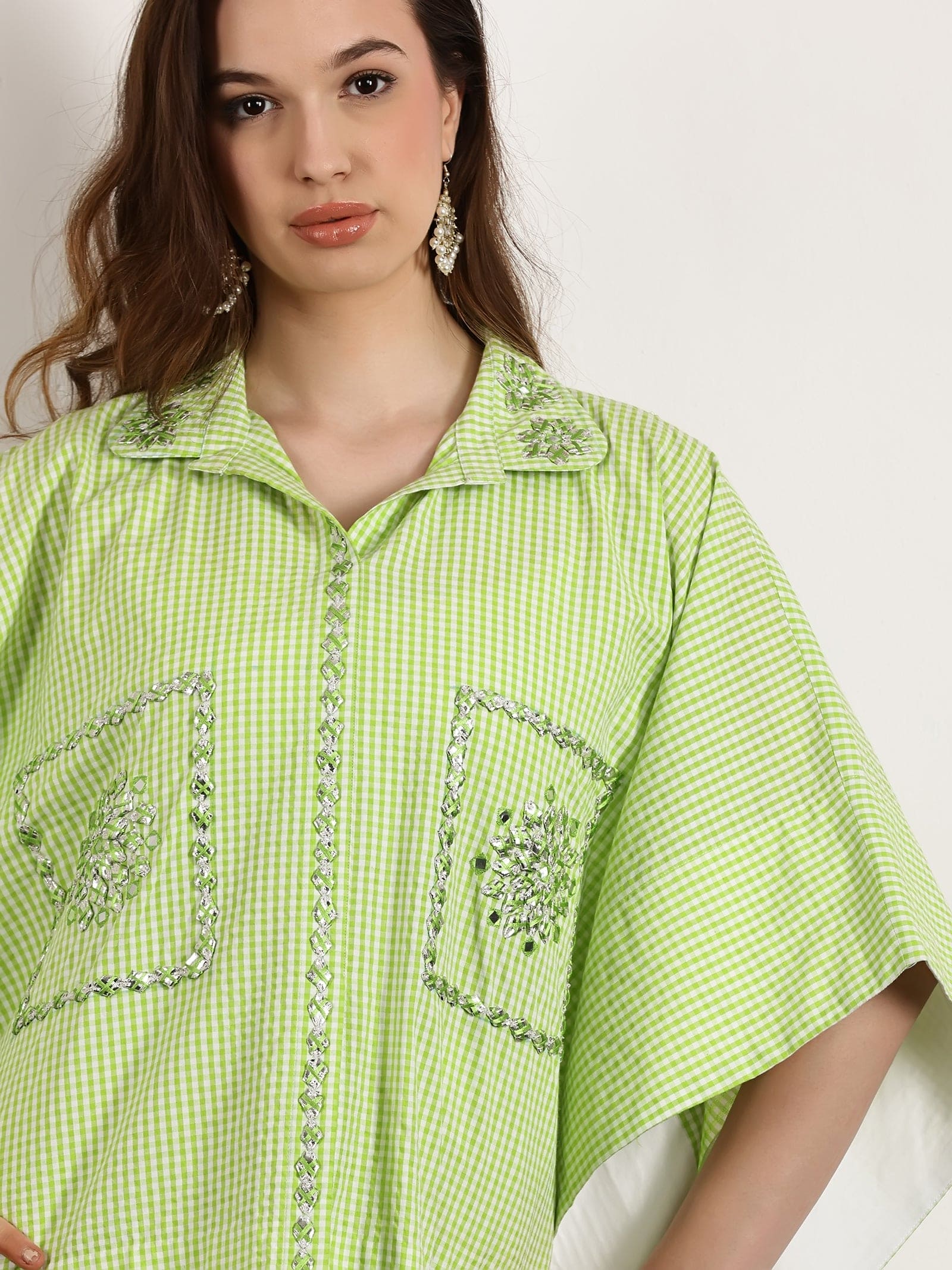 Women Gotta Patti Checks Top Set - Leafy Green - Charkha TalesWomen Gotta Patti Checks Top Set - Leafy Green