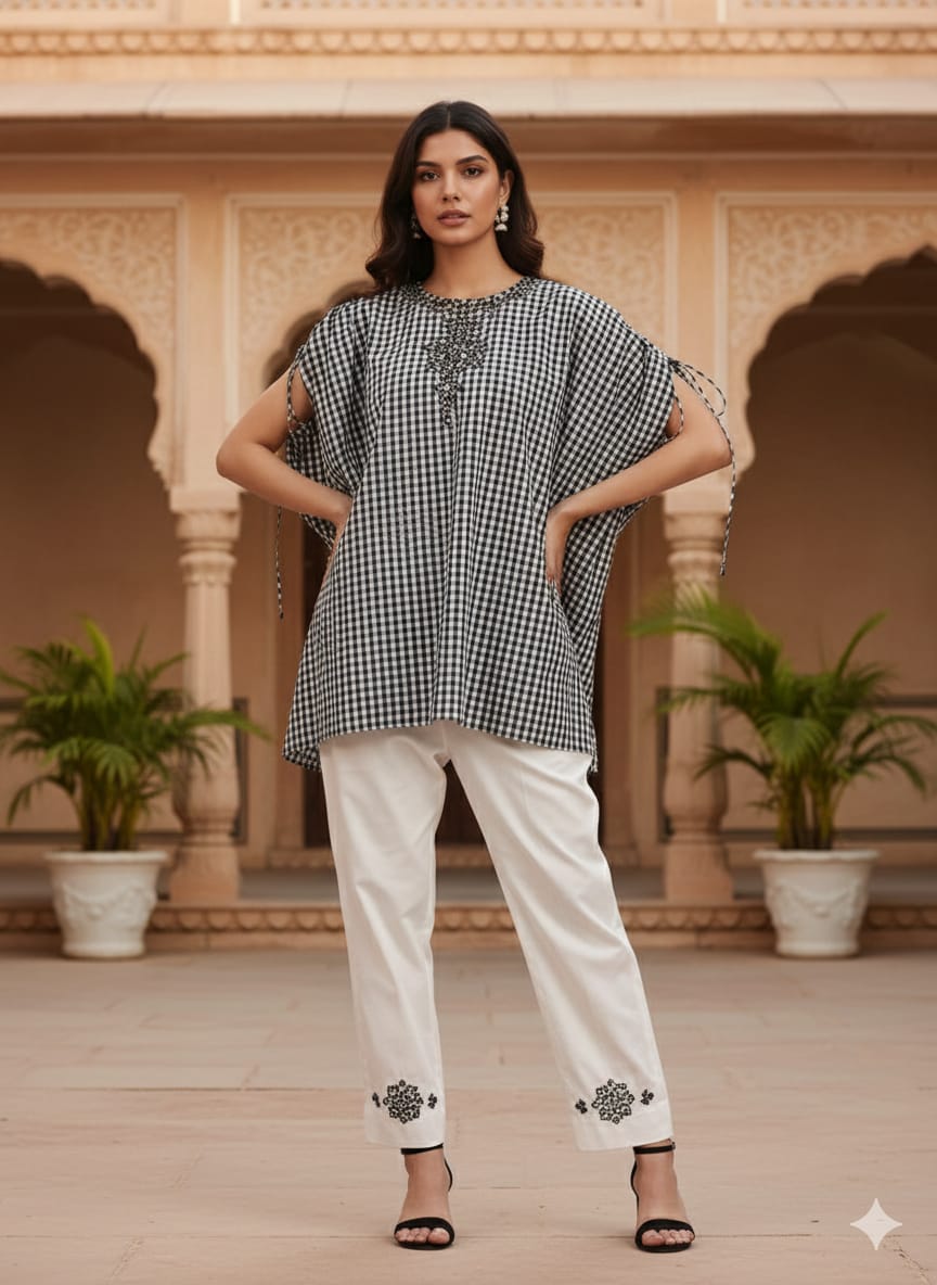 Women Gotta Work Checks Kaftan Top Set - Black - Charkha TalesWomen Gotta Work Checks Kaftan Top Set - Black