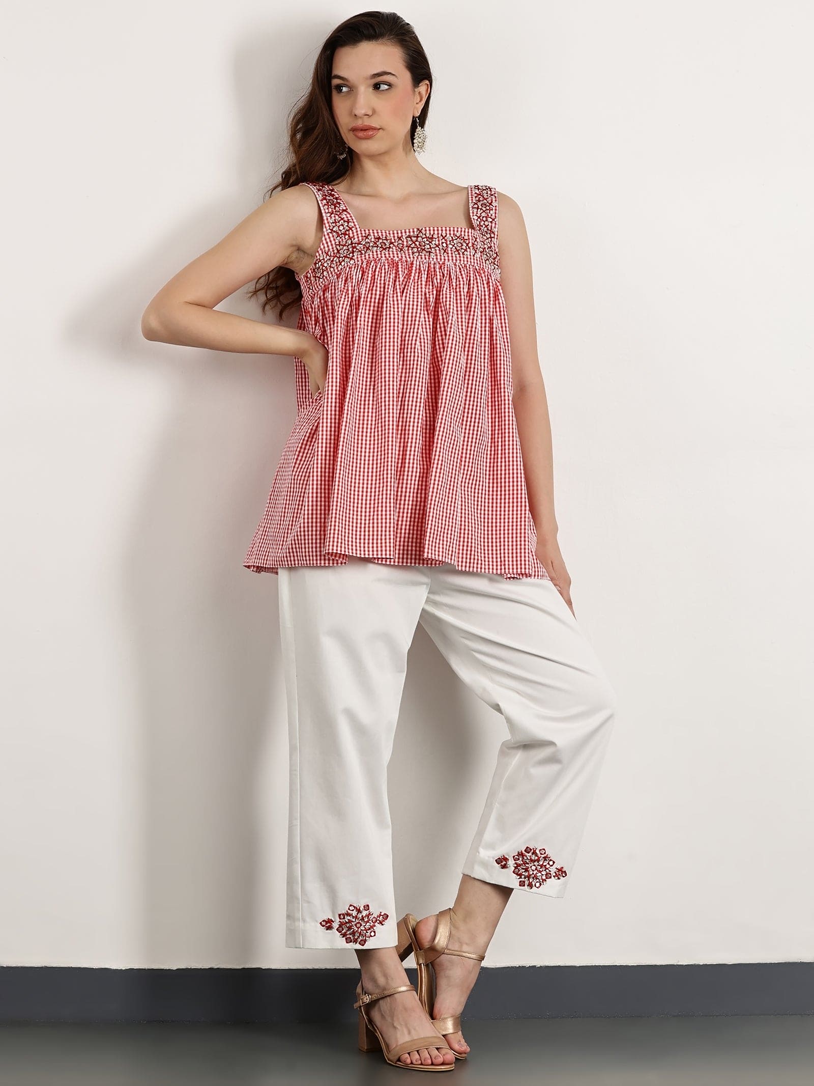 Women Gotta Work Checks Top Set - Peach - Charkha TalesWomen Gotta Work Checks Top Set - Peach