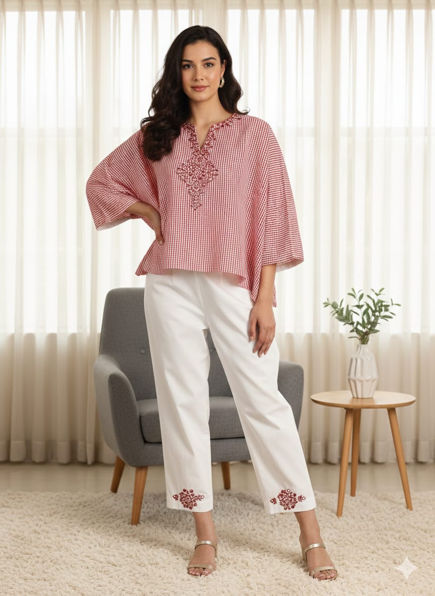 Women Gotta Work Checks Top Set - Red - Charkha TalesWomen Gotta Work Checks Top Set - Red