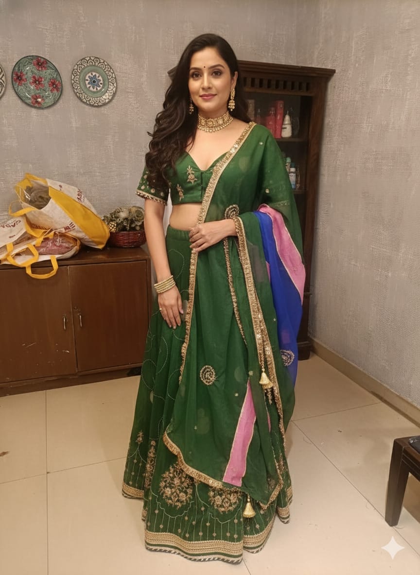 Women Hand Embroidered Lehenga Set - Green - Charkha TalesWomen Hand Embroidered Lehenga Set - Green