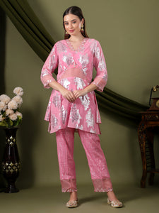 Women Lurex Cotton Co-Ord Set - Pink