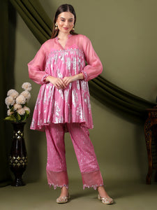 Women Lurex Cotton Co-Ord Set  - Pink