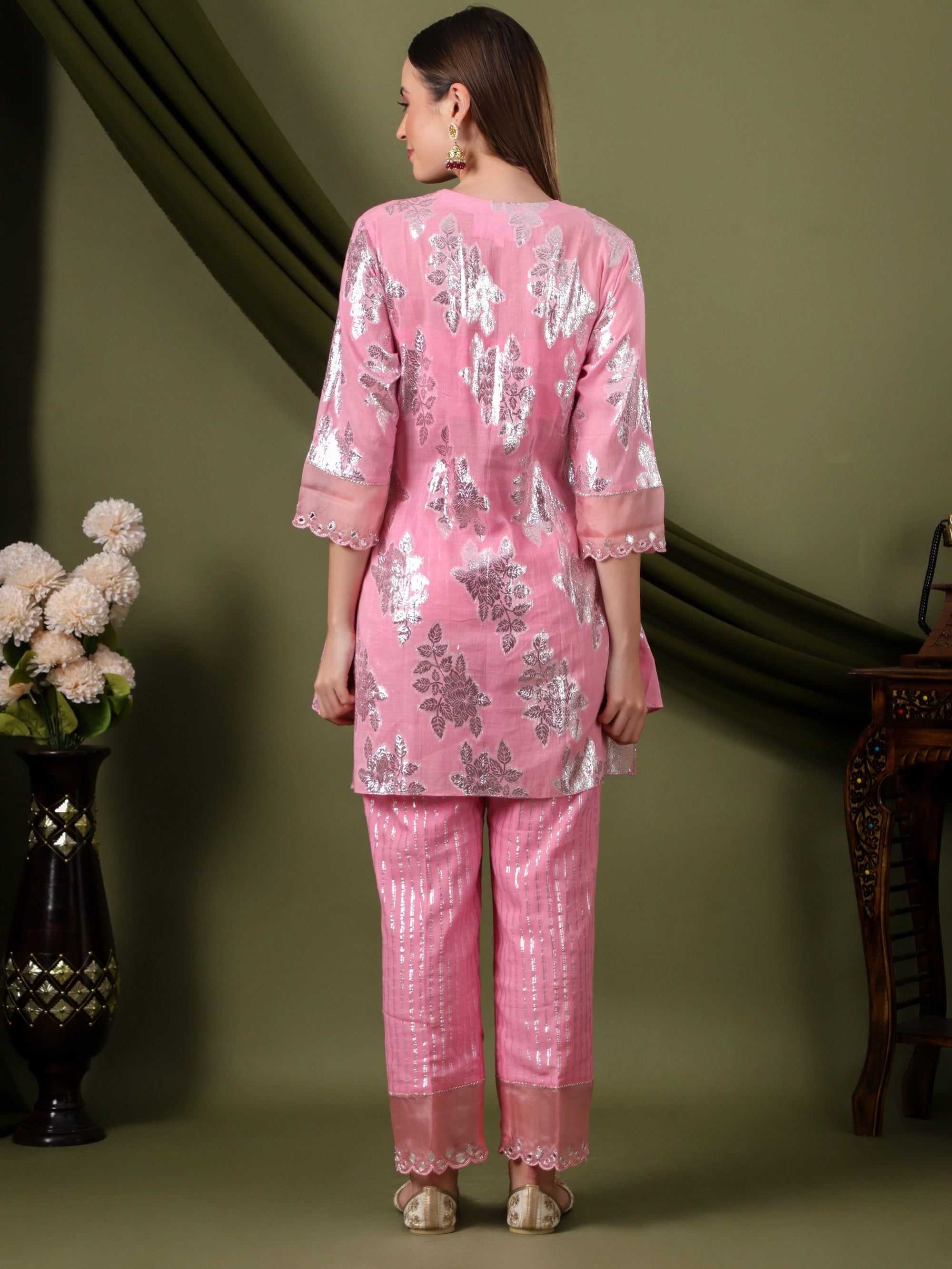 Women Lurex Cotton Co - Ord Set - Pink - Charkha TalesWomen Lurex Cotton Co - Ord Set - Pink
