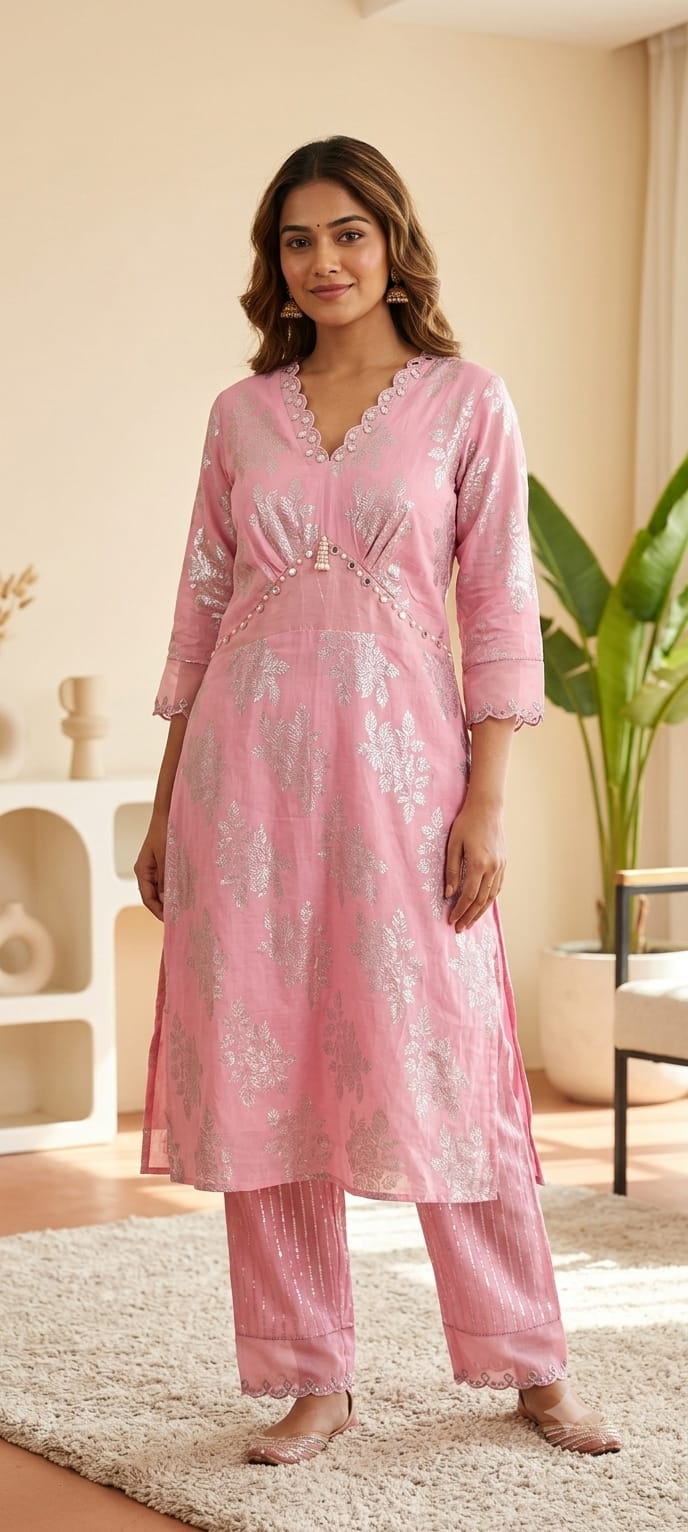 Women Lurex Cotton Co-Ord Set - Pink - Charkha TalesWomen Lurex Cotton Co-Ord Set - Pink